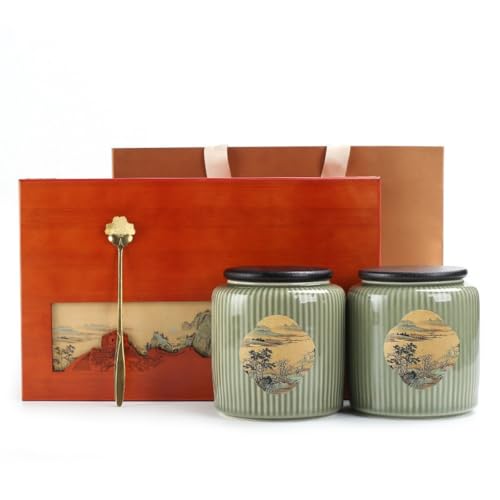 LINKIO Ceramic Food Jar Bulk Tea Storage Container Jar Household Ceramic Sealed Jar Retro Chinese Tea Set Double Jar Gift Box Set Pantry Storage Containers