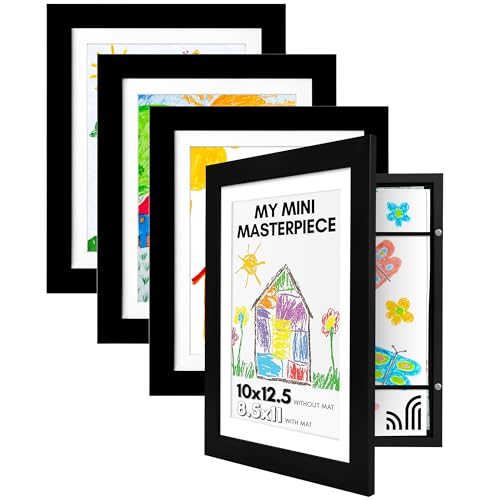 Americanflat Set of 4 10x12.5 Kids Art Frame - Front Loading Picture Frames Hold 100 Artworks - Use as 8.5x11 Frame with Mat or Display 10x12.5 Artwork Without Mat - My Mini Masterpiece - Black