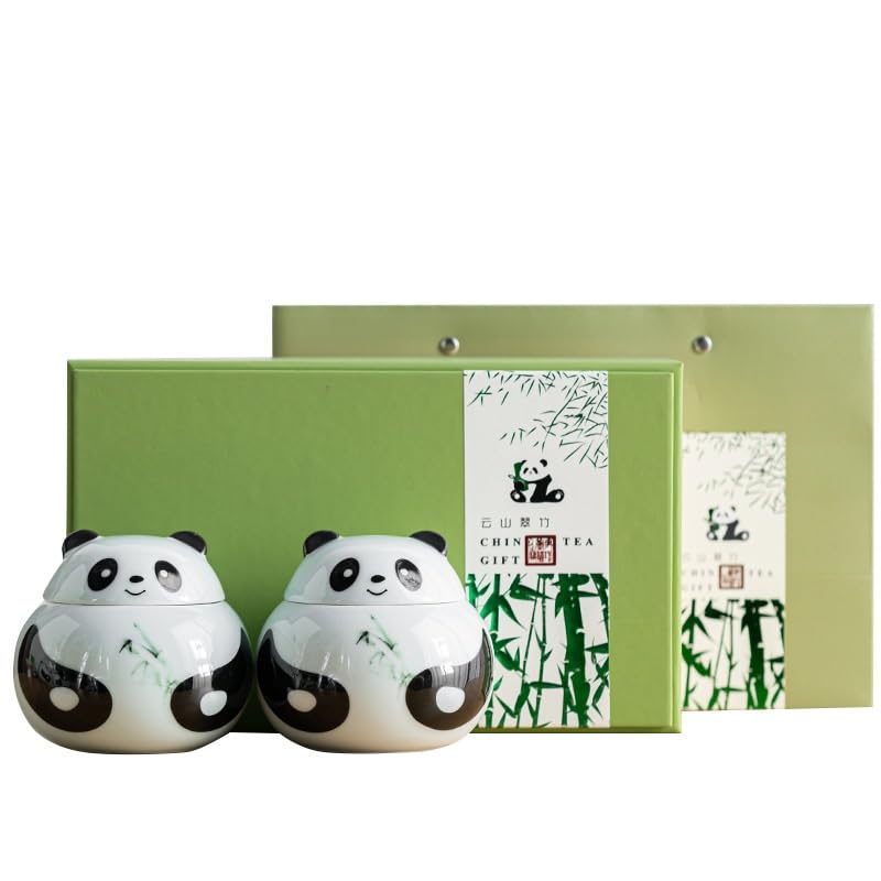 LINKIO Ceramic Food Jar Creative Panda Tea Can Ceramic Sealed Can Kitchen Tea Storage Container Can Chinese Tea Set Double Can Gift Box Set Pantry Storage Containers(Large)