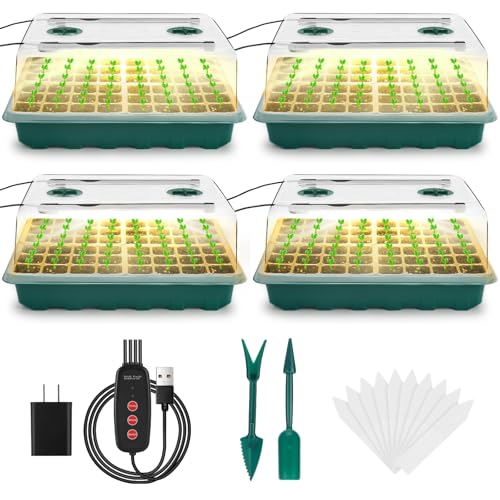 Ryscam Seed Starter Tray with Grow Light, 192-Cell Seed Starter Kit, Seedling Starter Trays with Humidity Domes, Automatic Timer, Adjustable Light Indoor Gardening Plant Germination Trays