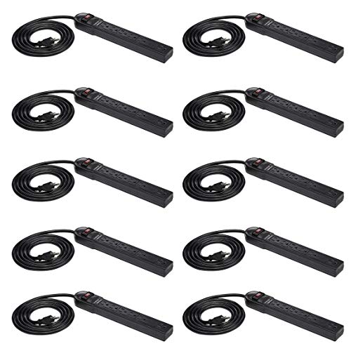 Amazon Basics Surge Protector Power Strip with 6ft Extension Cord, 6-Outlet, 790J Protection, Rectangle, Black (10 Pack)