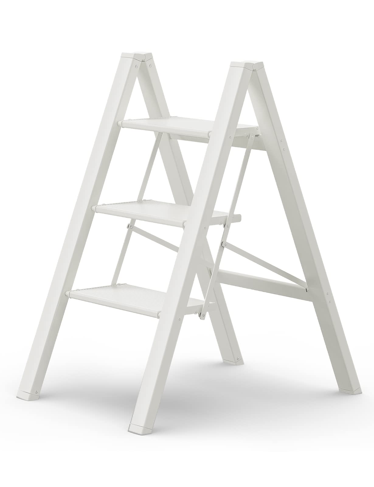 GameGem 3 Step Ladder, Aluminum Folding Step Stool with Anti-Slip Sturdy and Wide Pedal, Lightweight Portable Stepladder for Home and Kitchen Use Space Saving, Cream White, 330 lbs