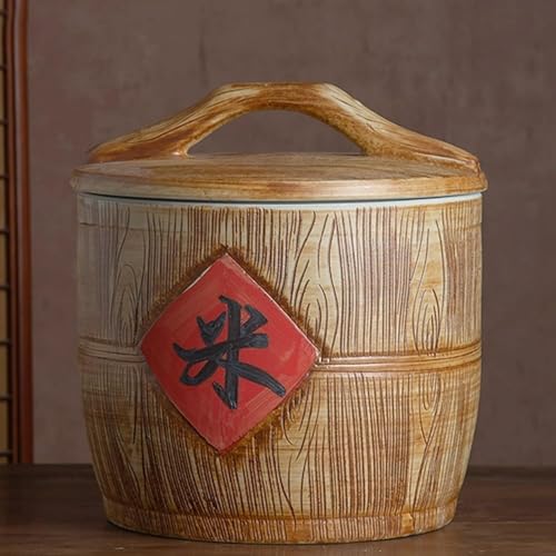 Wpplk Ceramic Rice Jar (10kg/22lb Capacity) Barrel Shape with Airtight Lid, Light Brown Wood Grain Texture Red Accent, Loop Handle Food Storage Container for Kitchen Pantry, Housewarming Gift(10KG)