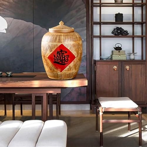 Ceramic Rice Jar (55lb/25kg Capacity) Large Tall with Airtight Lid, Light Brown Textured Vertical Diagonal Lines Red Accent, Bulk Food Storage Container for Kitchen Pantry, Housewarming Gift(55lb/25kg