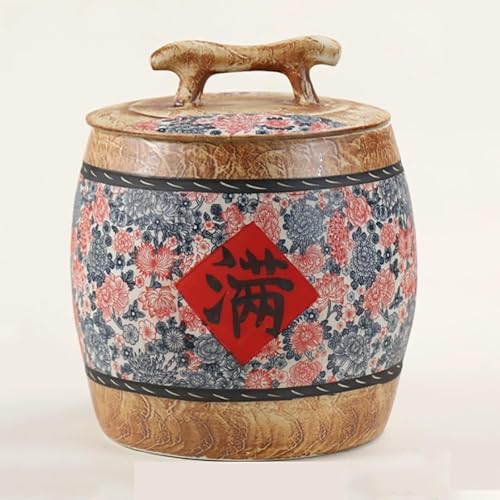 Ceramic Rice Jar (22lb/10kg Capacity) Barrel Shape with Sealed Lid, Decorative Floral Pattern Red Accent, Large Food Storage Container for Grains Flour Bulk Food, Kitchen Pantry Organization, Housewar