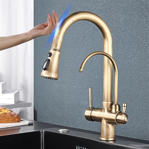 Gold Smart Sensor Kitchen Faucet, Dual Handle Filtered Cold & Hot Water Mixer, 2 Mode Spout Taps, Deck Mount, Pull-Down Kitchen Sink Tap(Antique)