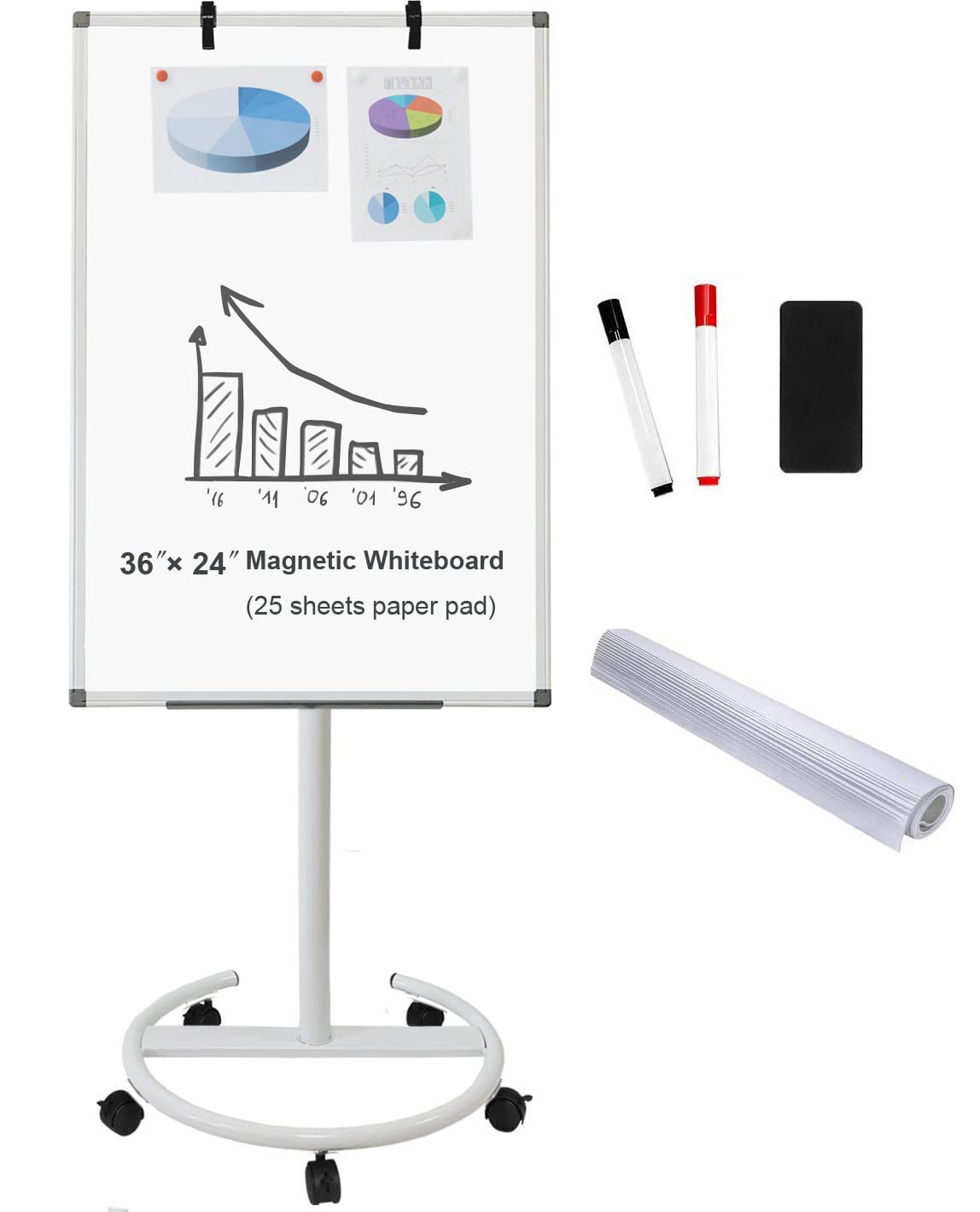 BIBOC Mobile Dry Erase Board – 36x24 inches Magnetic Portable Whiteboard Stand Adjustable Easel White Board Flipchart Easel Board with 25 Sheets Paper Pad 1 Eraser, 2Markers (24x 36 inches)