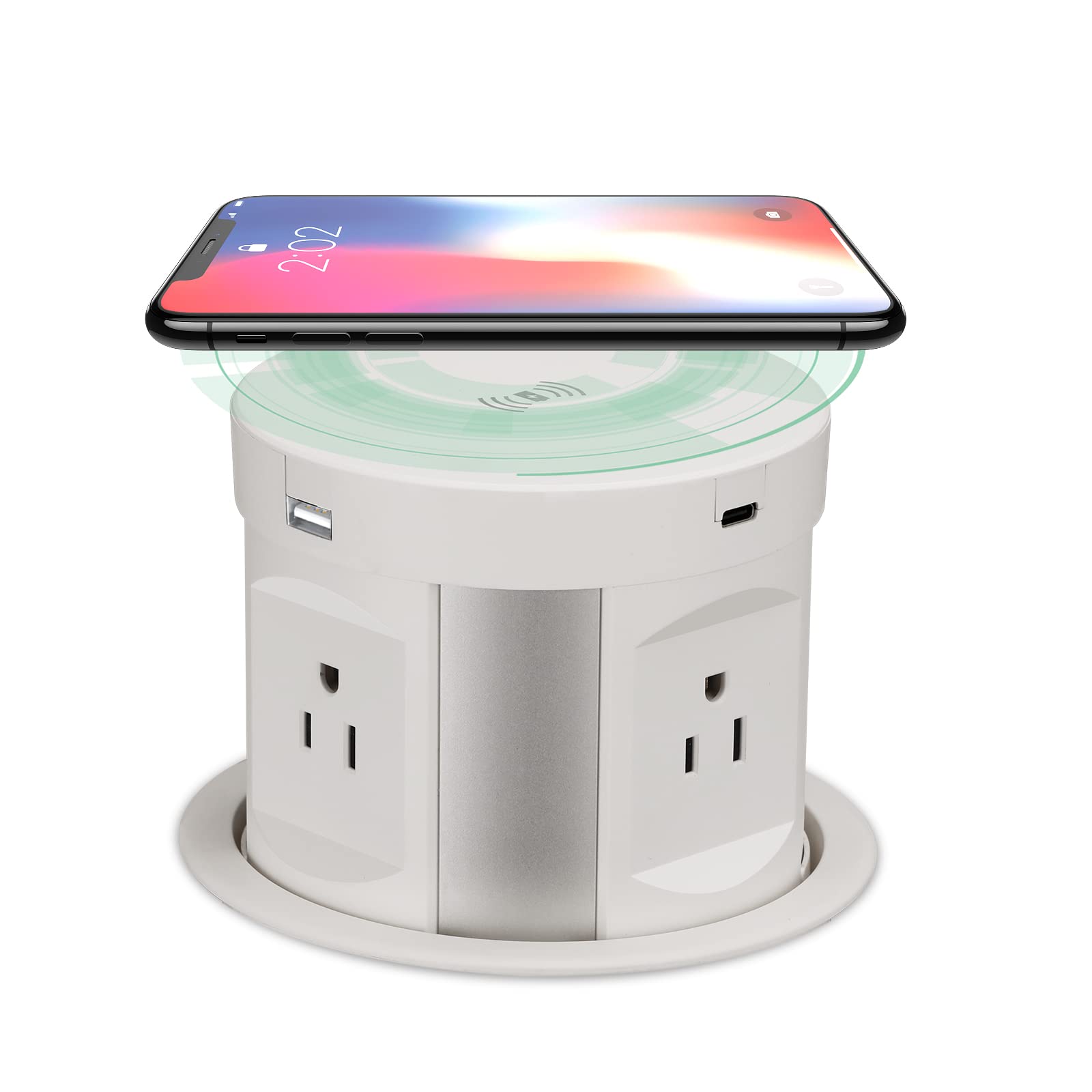 Automatic Pop up Outlet, Wireless Charger Power Strip Surge Protector Recessed Outlet, 4 AC Plug + Type-A and Type-C USB Port Outlets for Countertop Kitchen Island Conference Workbench, ETL Listed