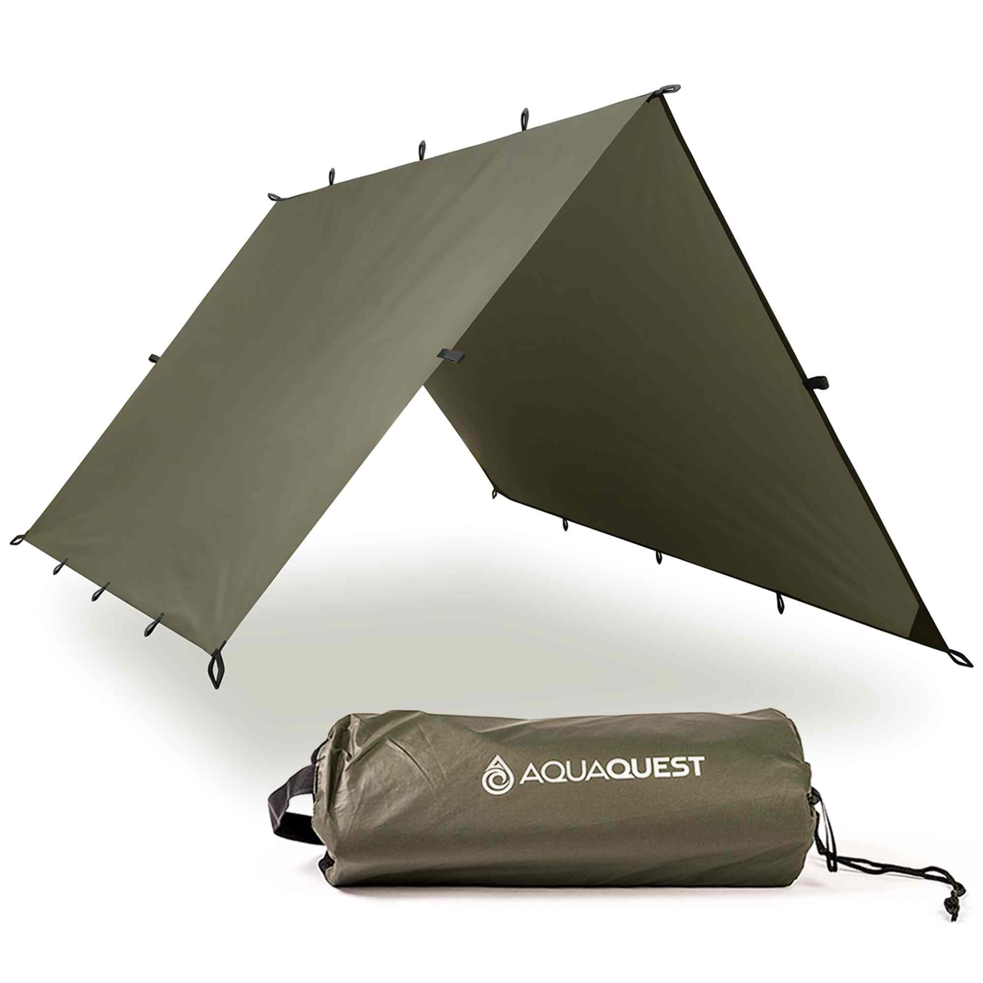 AquaQuest Defender Camping Tarp - Heavy Duty Tent Shelter or Rain Fly - Waterproof Camping Essentials for Hiking, Bushcraft & Hammock, 13 x 10 ft, Olive Drab
