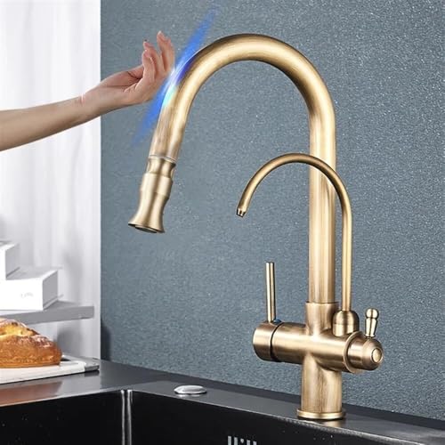Gold Smart Sensor Kitchen Faucet, Dual Handle Filtered Cold & Hot Water Mixer, 2 Mode Spout Taps, Deck Mount, Pull-Down Kitchen Sink Tap(Antique Brass)