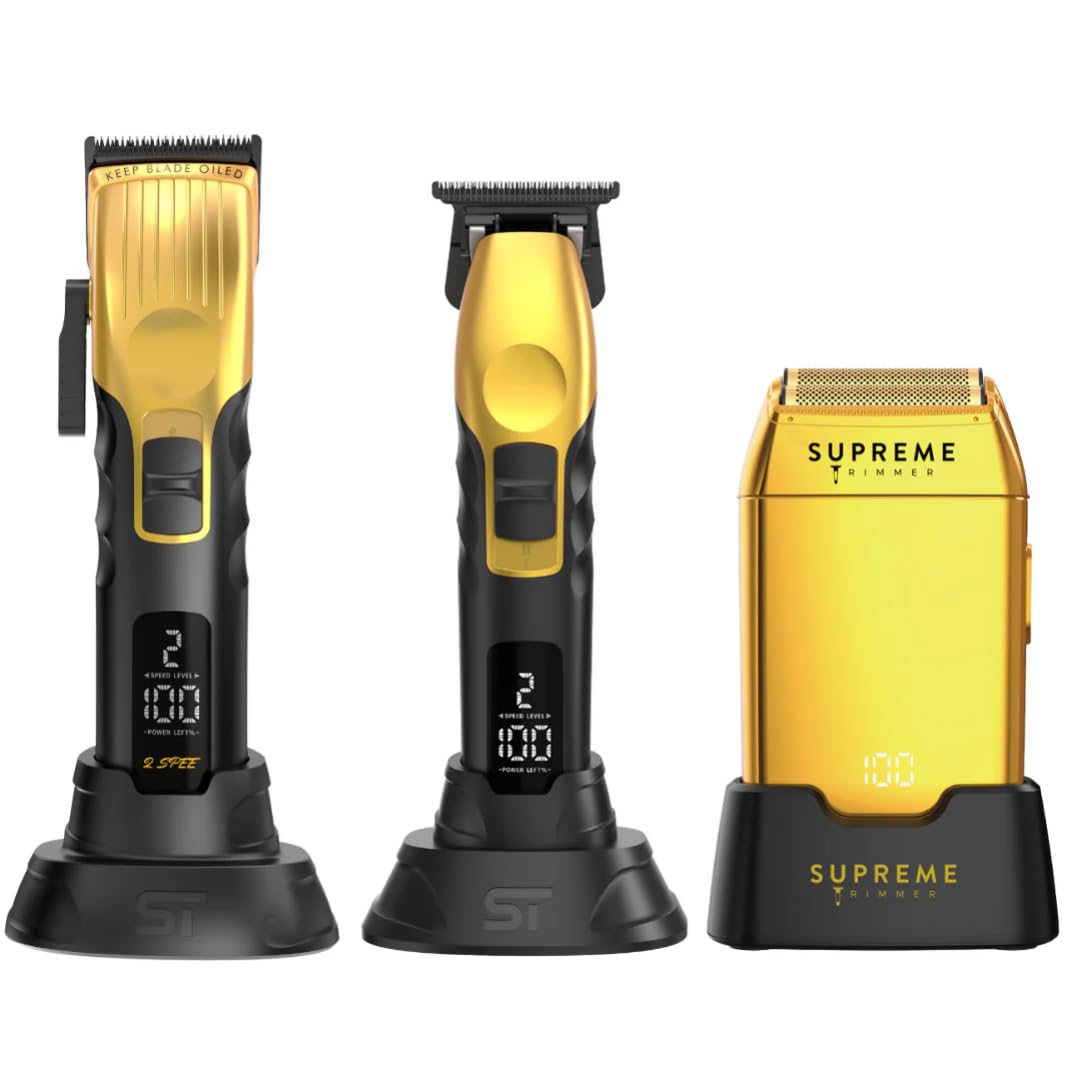 Supreme Trimmer 3-in-1 Barber Bundle | 2Spee Clipper, 2Spee Trimmer & Crunch Foil Shaver | Professional Beard Trimmer Men’s Hair Clipper Kit | (Gold)