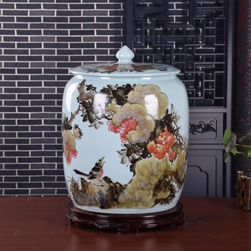 Ceramic Rice Jar (33lb/15kg Capacity) Large with Airtight Lid, White Decorative Floral Rooster Pattern, Food Storage Container for Kitchen Pantry Organization, Housewarming Gift(D,55lb/25kg)