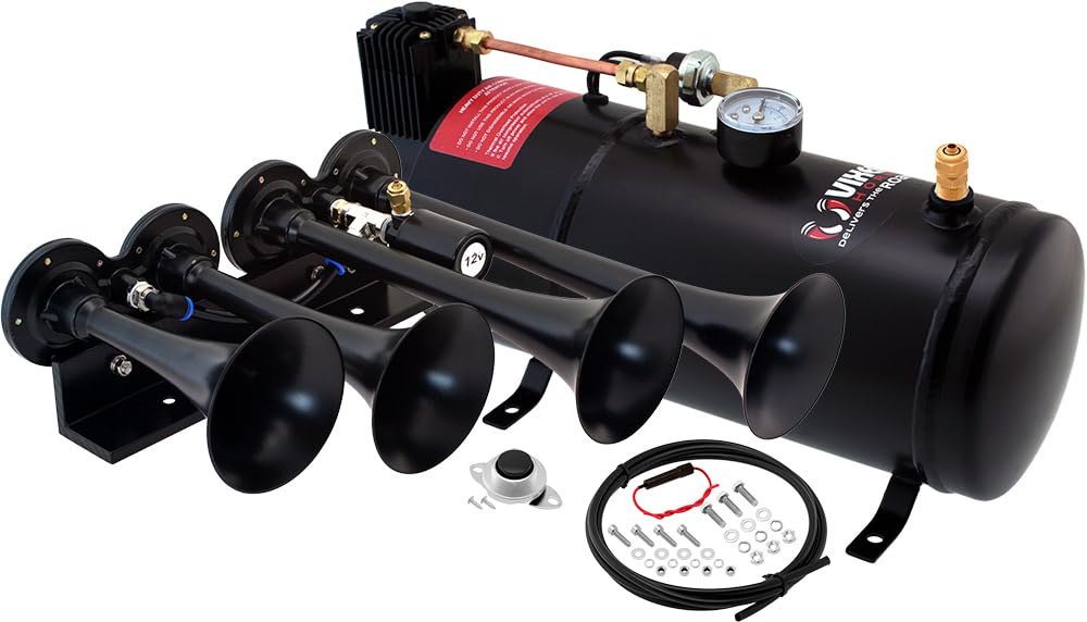 Vixen Horns Train Horn Kit for Trucks/Car/Semi. Complete Onboard System- 150psi Air Compressor, 1 Gallon Tank, 4 Trumpets. Super Loud dB. Fits Vehicles like Pickup/Jeep/RV/SUV 12v VXO8210/4124B