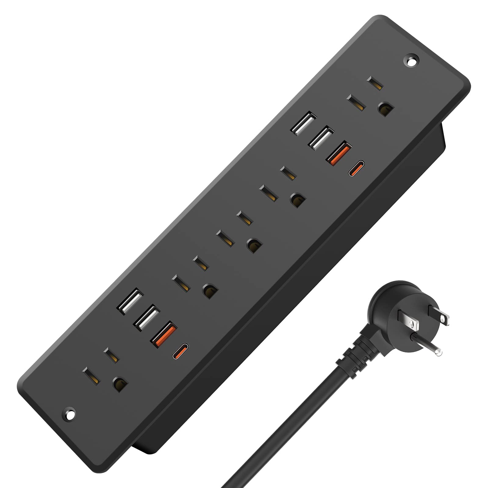 HHSOET 45W Fast Charging Recessed Power Strip Flat Plug, 13 in 1 Furniture Outlet with USB, Conference Recessed Surge Protection Socket with 5 AC Plugs, 6 USB Ports 2 USB-C, 10ft Power Cord.(Black)