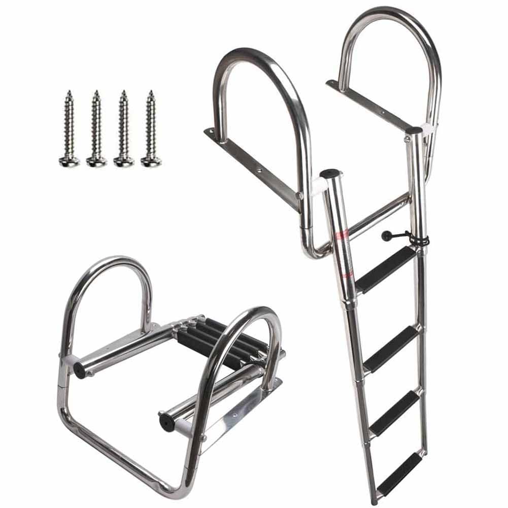 COC-LF 4 Steps Pontoon Boat Ladder, Stainless Steel Folding Telescoping Rear Entry Inboard Ladder Heavy Duty Custom Swim Deck Ladder with More Wider Pedal and Handrails
