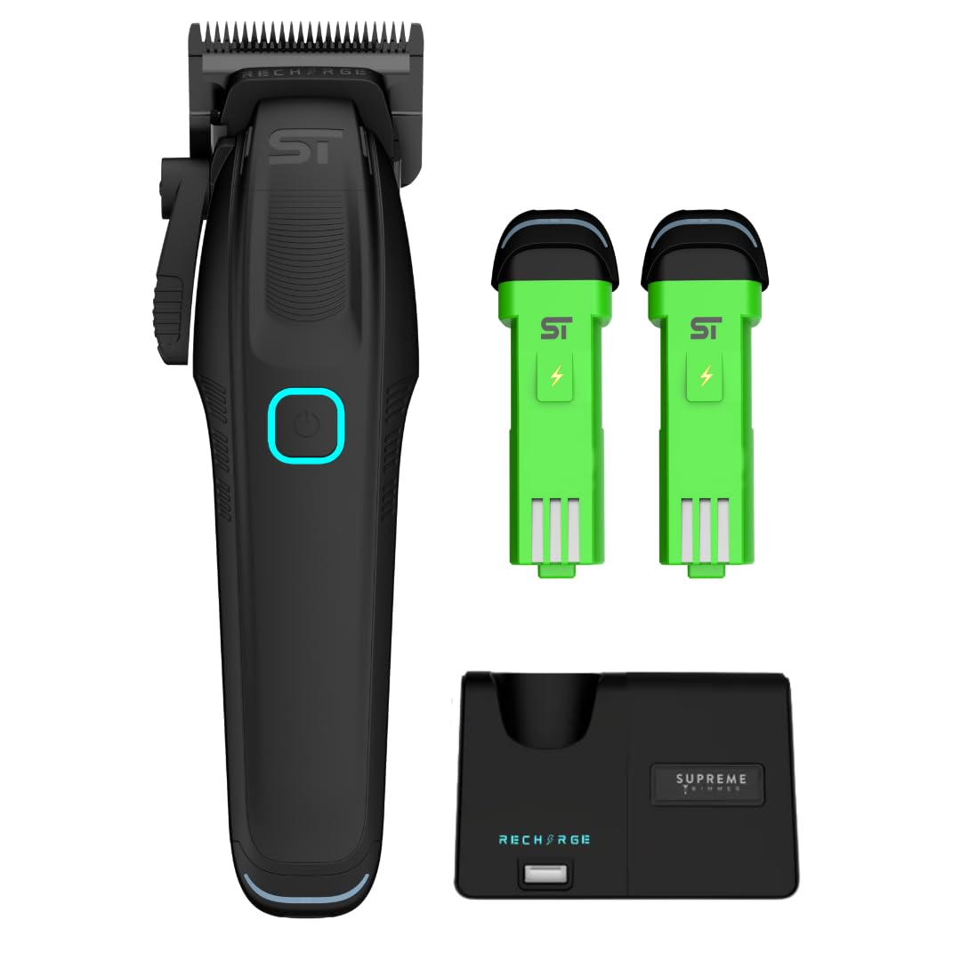 Supreme Trimmer Recharge Clipper w/DLC Taper Blade for Barbers | 7500+ RPM, Removable Battery, Smart USB iPhone/Android Charging Stand | STC779 Black