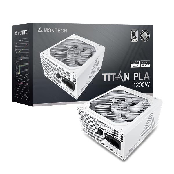 Montech Titan PLA 1200W High-End ATX Gaming Power Supply - 80 Plus Platinum & Cybenetics Platinum - Fully Modular - ATX 3.1 & PCIe 5.1 Ready -10 Years Coverage - White