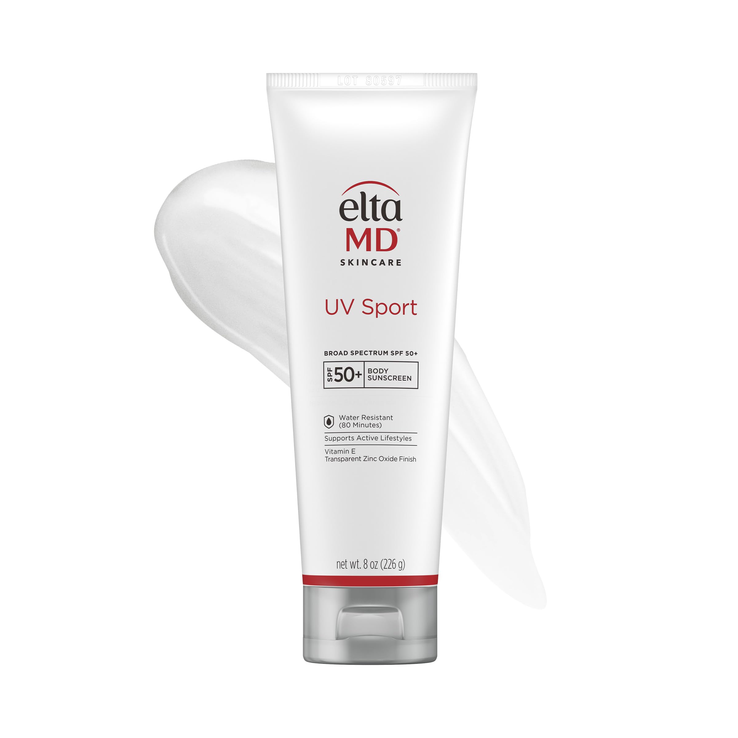 EltaMD UV Sport Sunscreen Lotion, SPF 50 Body Sunscreen, Water and Sweat Resistant, Oil-Free, Zinc Oxide Formula, 8 oz Tube
