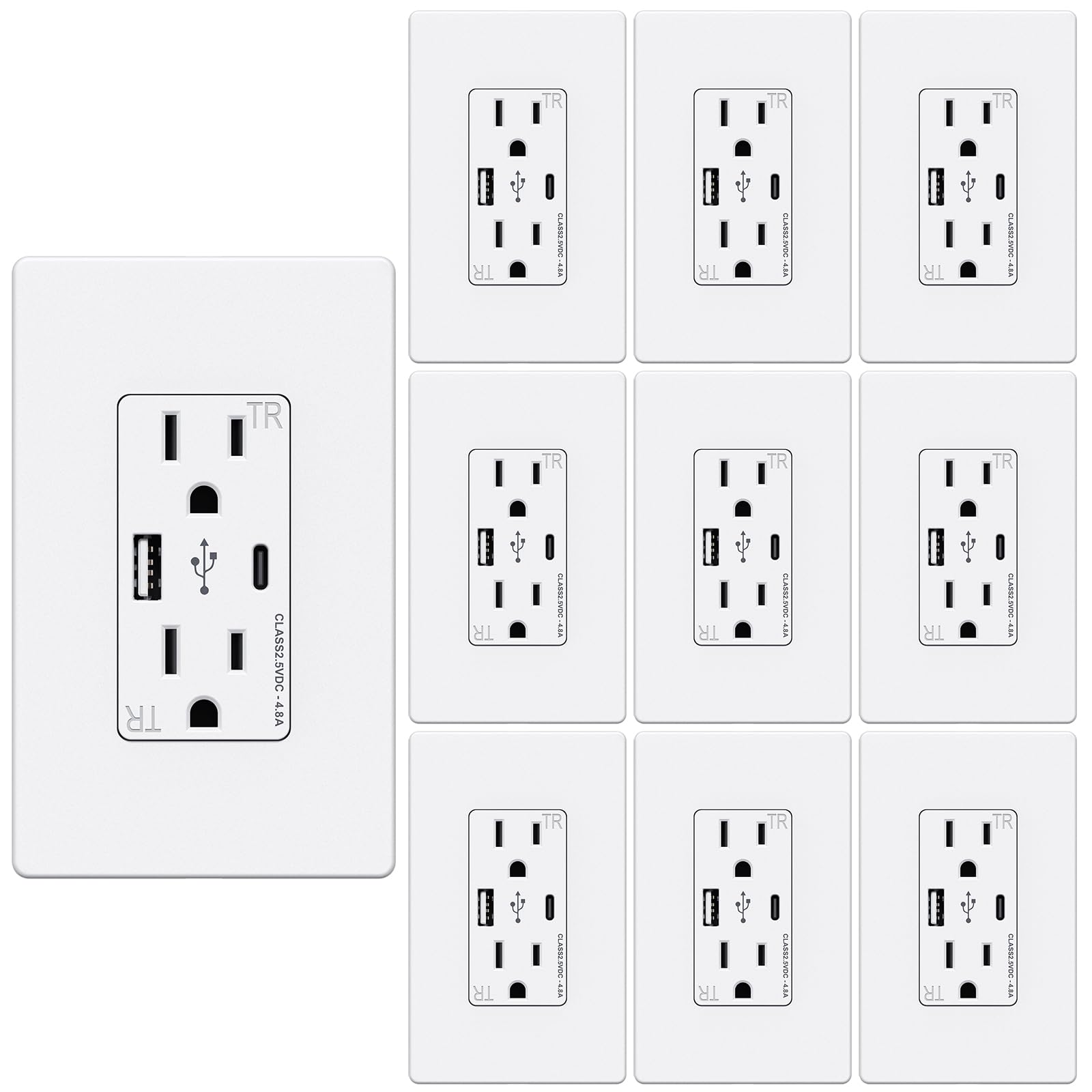 WEBANG USB C Outlet, 25W 4.8 Amp 2-Ports USB Receptacle, 15A Tamper Resistant Wall Outlet with USB C Ports, Screwless Wall Plate Included, ETL Listed, Matte White, 10 Pack