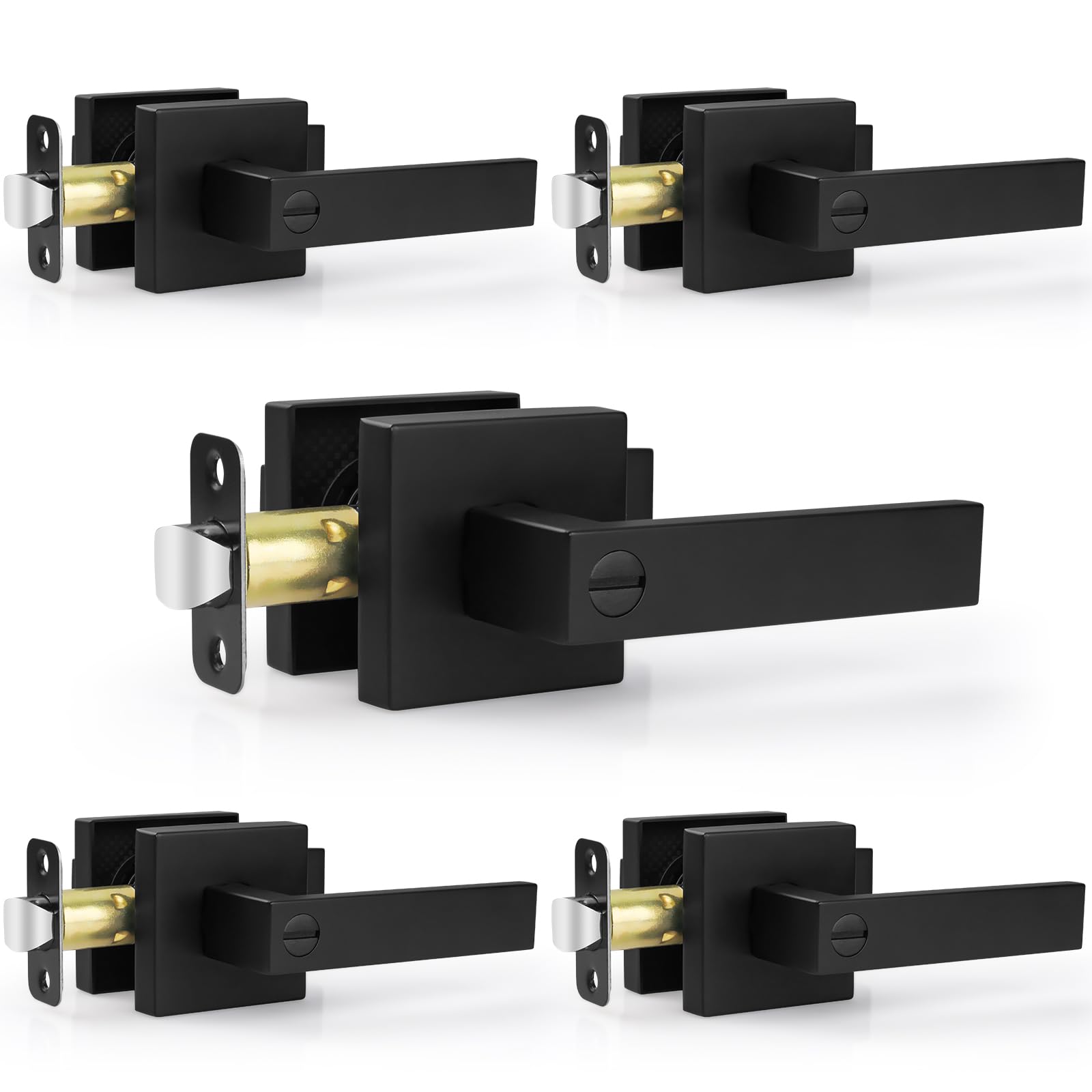 Estmoon 5 Pack Door Handles Black Interior Door Knobs, Keyless Privacy Door Levers with Lock, Heavy Duty Zinc Alloy 2.07 lb Door Lock Set for Bedrooms Bathrooms