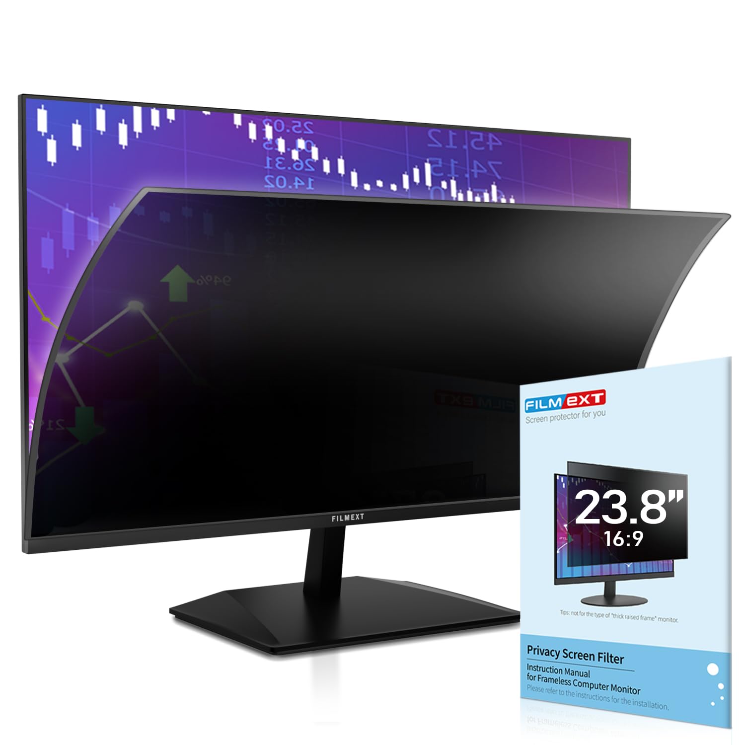 FILMEXT [2023 Upgrade] 23.8 inch Removable Computer Privacy Screen Filter for 16:9 All-in-One Desktop/Frameless Monitor, Bubble Free UV Blue Light Filter Privacy Shield for Thin Bezel Computer