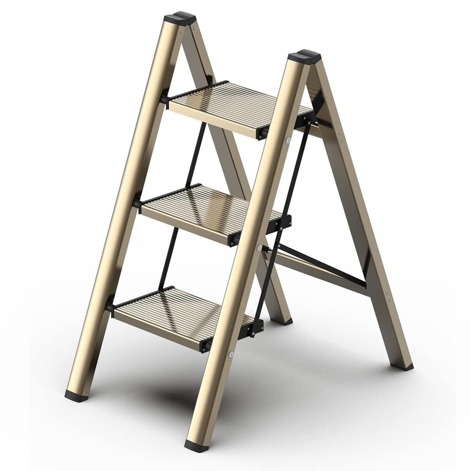 GameGem 3 Step Ladder, Folding Step Stool with Wider Pedal, Anti-Slip Feet & Non Slip Stripes, Aluminum Sturdy Material, 300Lbs Capacity, Elegant Look of Champagne Gold Better Matches Your Home