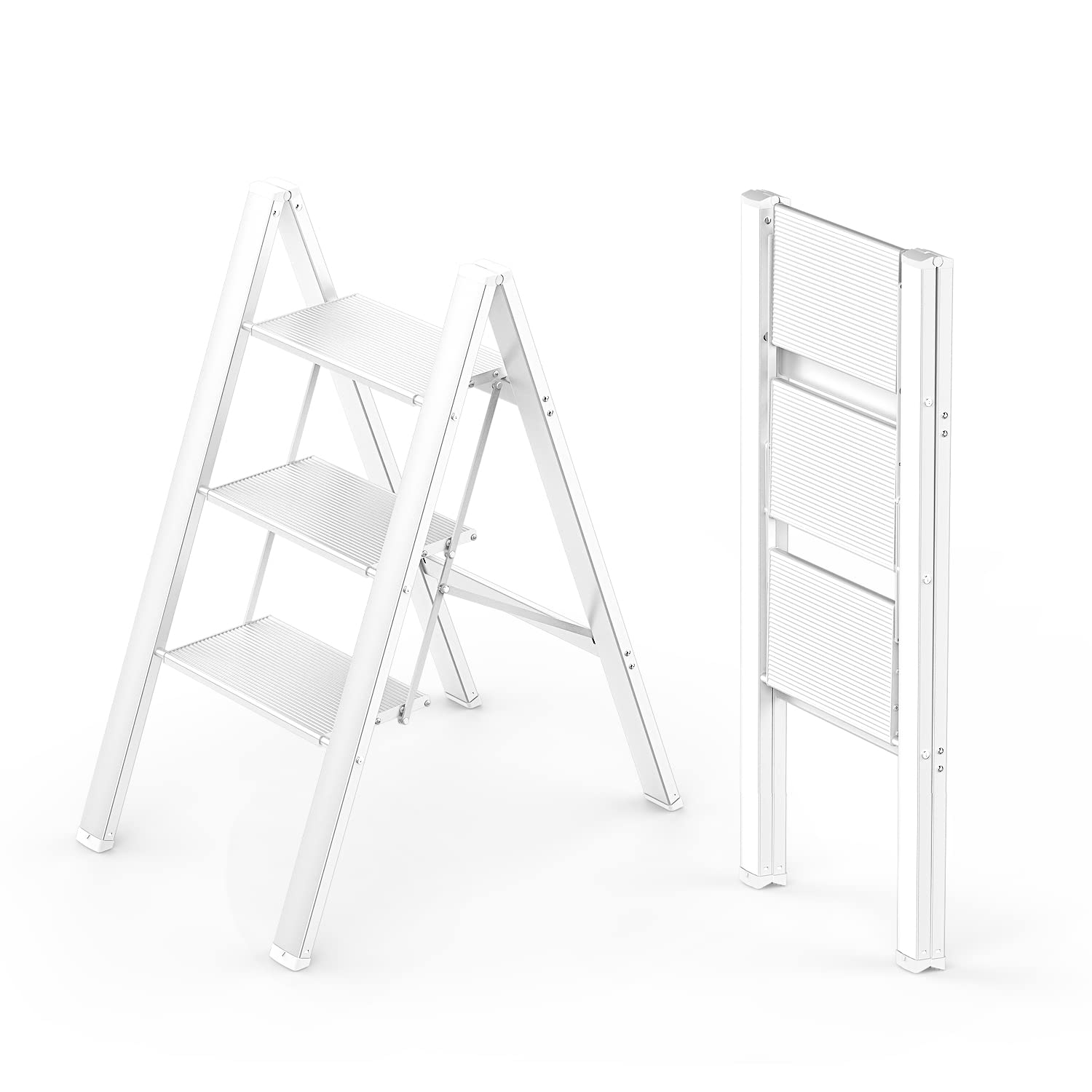 WOA WOA 3 Step Ladder, Foldable Step Stool, Aluminum Lightweight Ladder for Home Kitchen Closet, Anti-Slip Pedals, Ease of Folding, Portable, 300lbs Capacity - White