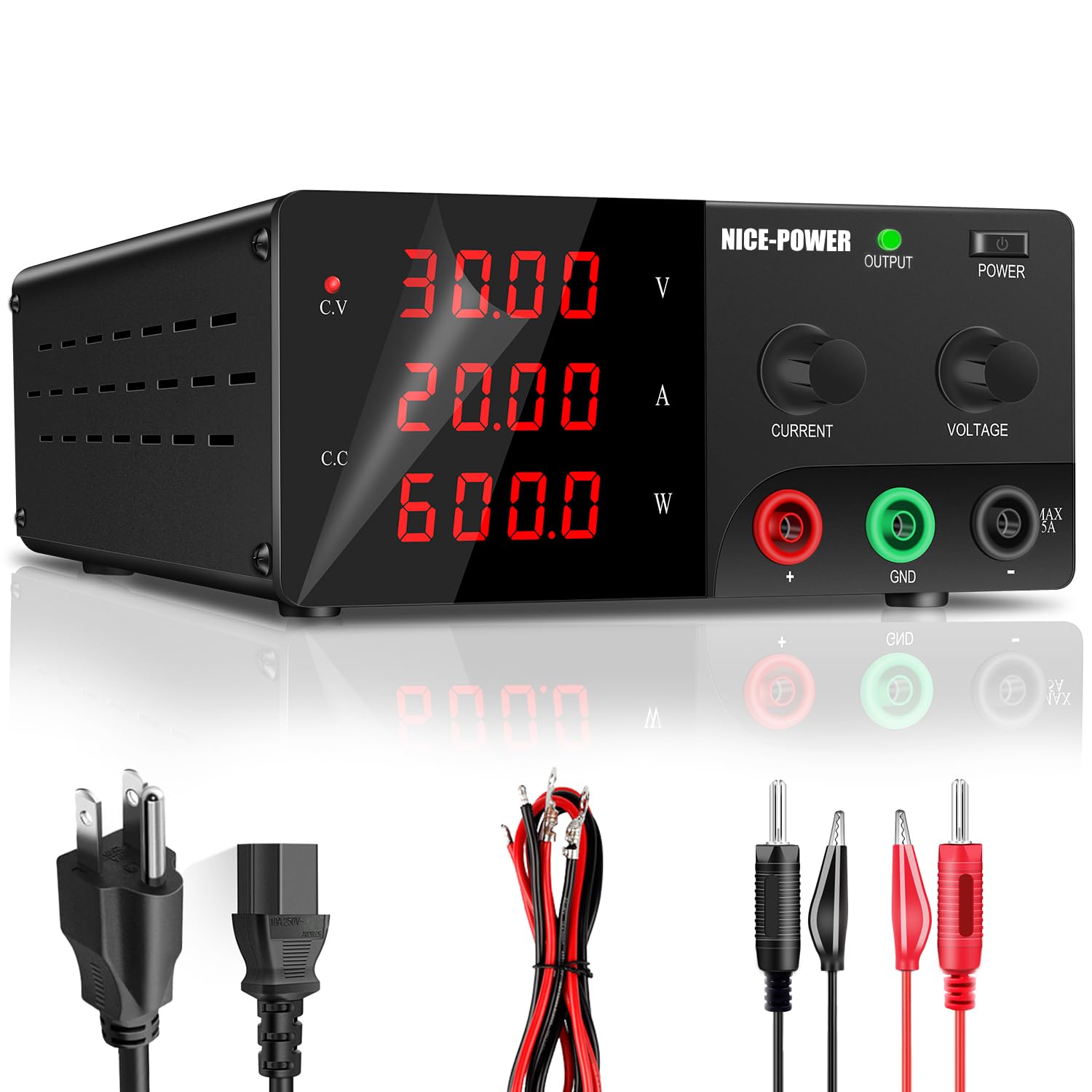 NICE-POWER DC Power Supply Variable, 30V 20A 600W High Power Bench Power Supply with Encoder Knob and Output Switch, Lab Power Supply Adjustable Switching Regulated Power Supply for Repair/Test