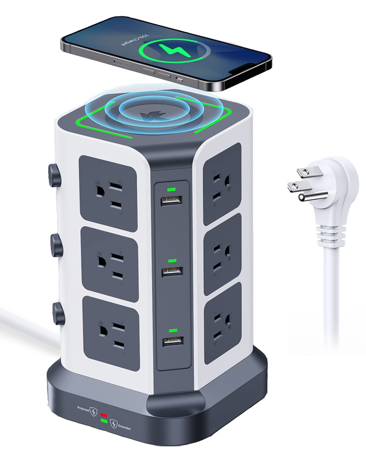 KOOSLA Power Strip Tower, [15W] Wireless Charger Surge Protector - 12 AC Multiple Outlets & 6 USB Ports, 6.5ft Extension Cord Charging Station for Office Supplies, Desk Accessories, Dorm Essentials