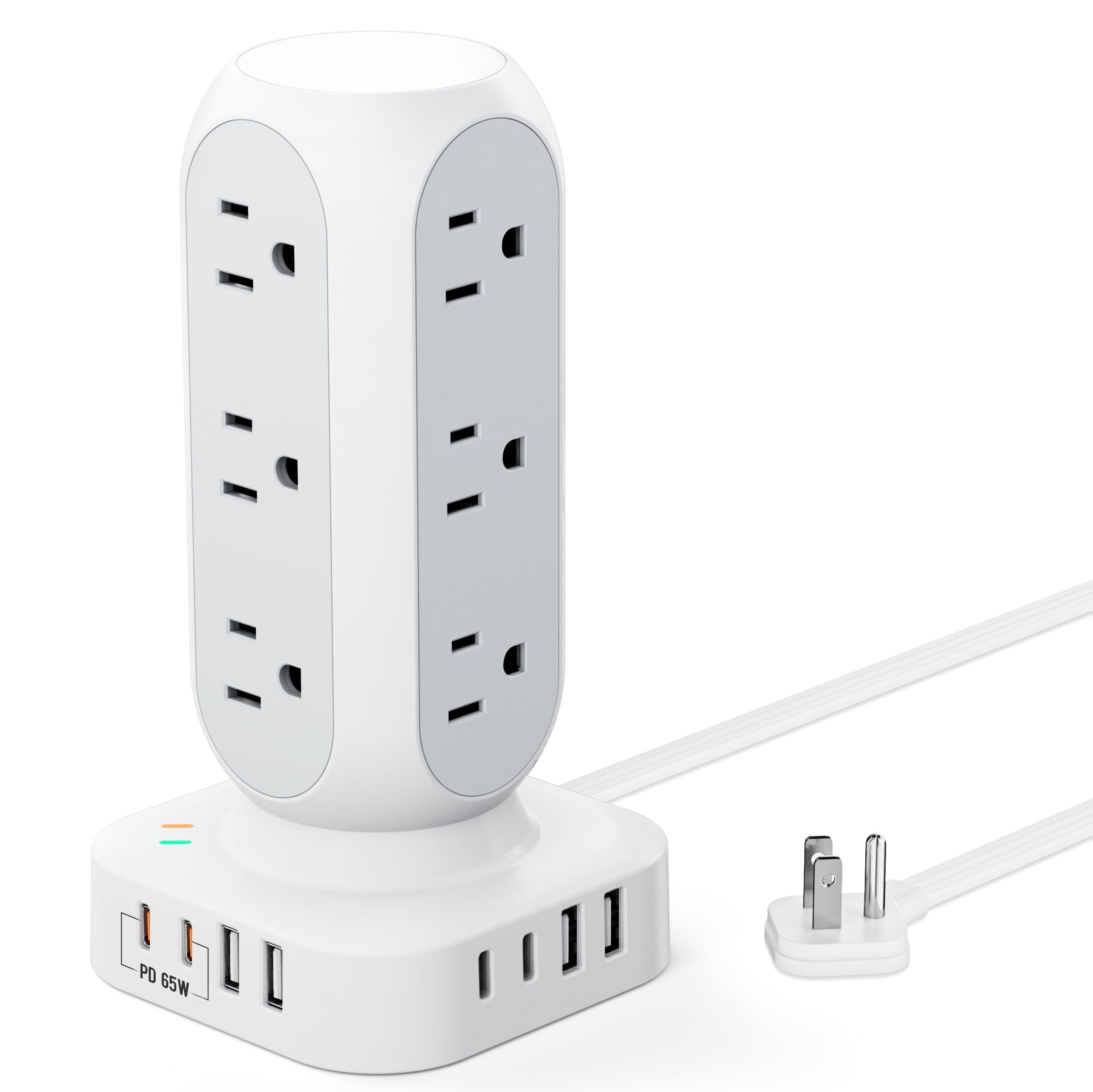 TenTrend 65W Fast Charging Station, Flat Plug Power Strip Tower with 12 AC Outlets & 8 USB Ports (2 PD USB-C Ports), 10FT Extension Cord, Compatible for MacBook Pro, iPhone Series.