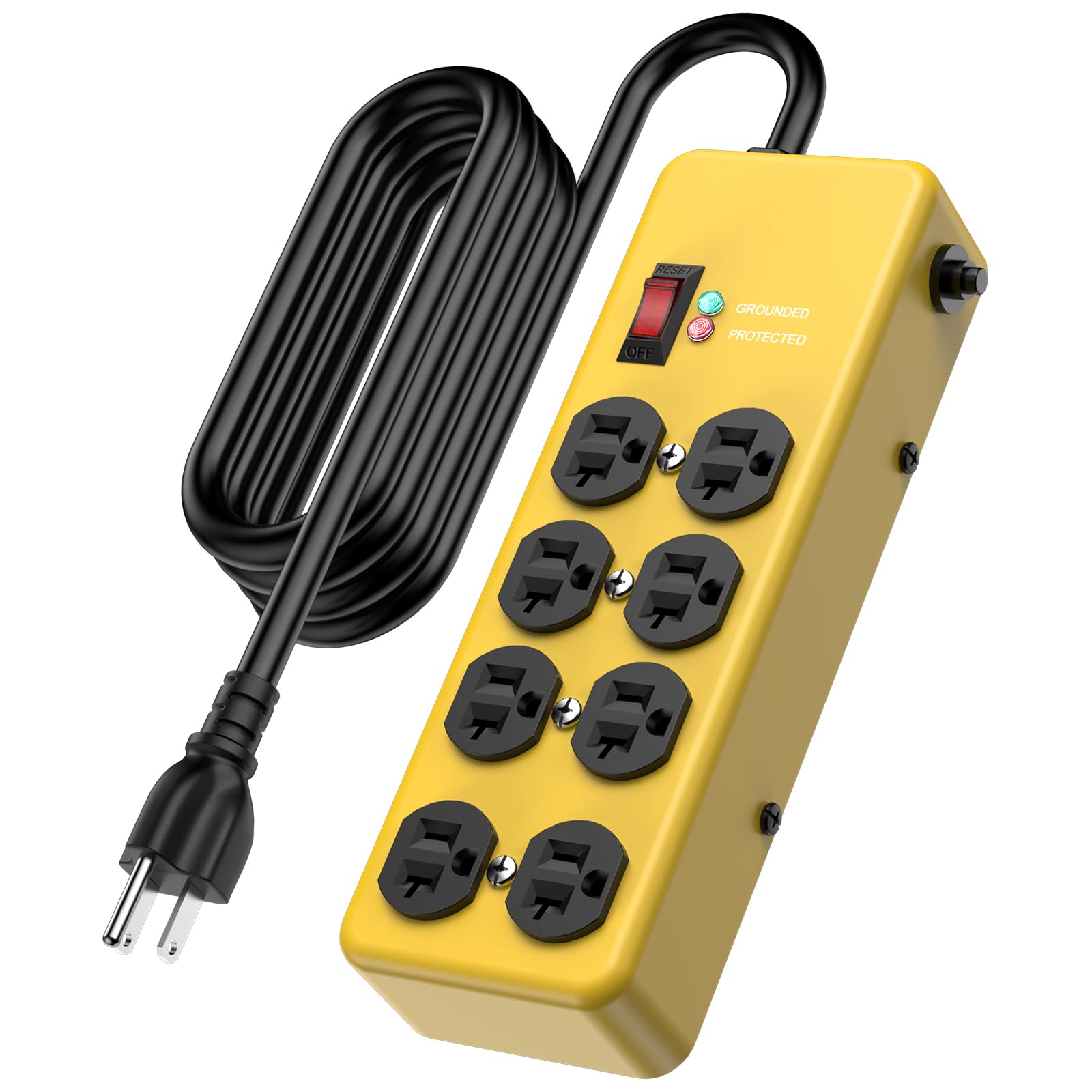 HEZI 20A Power Strip Surge Protector Durable Metal 8-Outlet with Heavy Duty 20 Amp Extension Cord,12 Gauge for Garage,Workshop & Industrial Use with 6-20R T-Slot Outlets,4800J(Yellow,6FT)