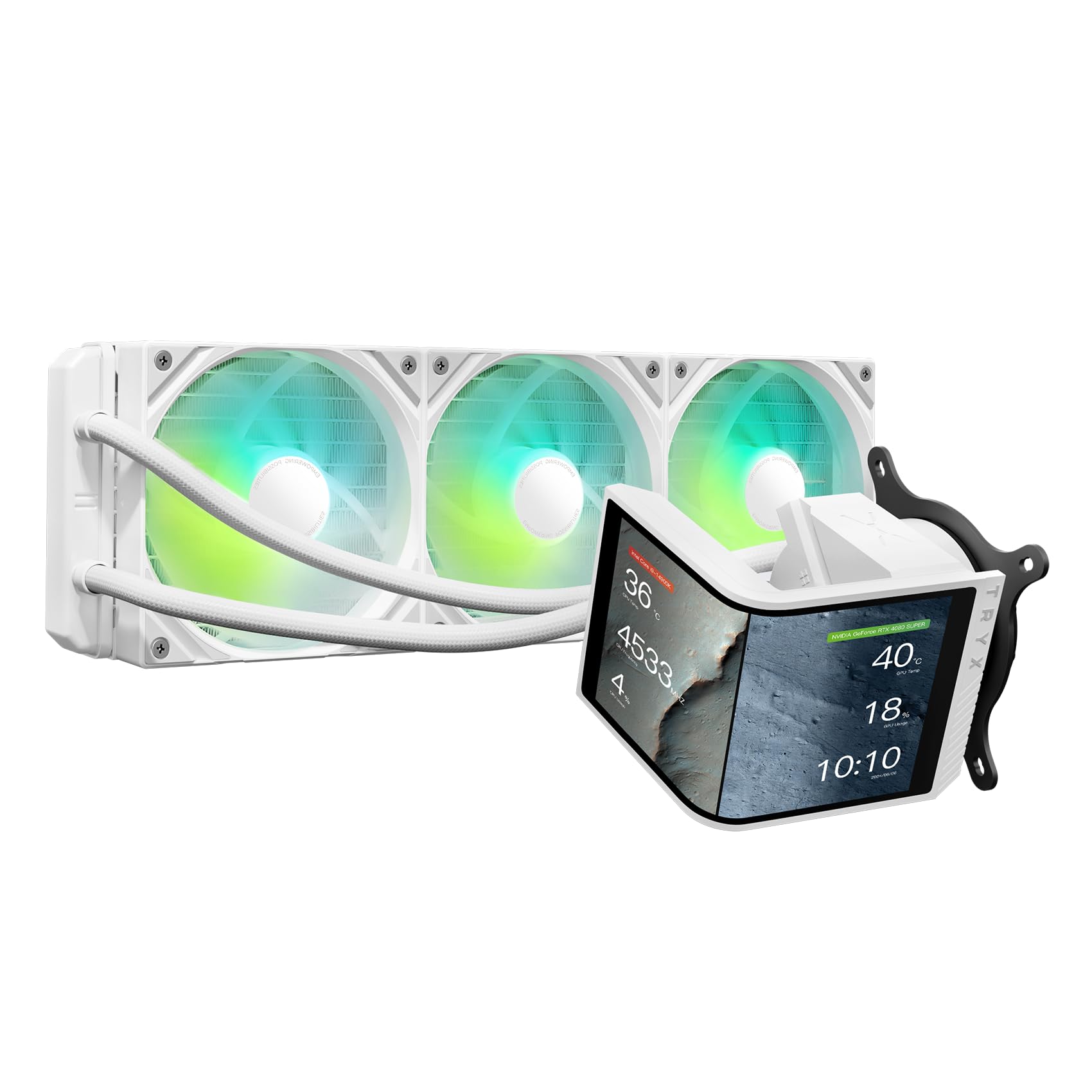 TRYX Panorama SE 360 ARGB White 360mm AIO Rotatable 6.5'' AMOLED Curved Screen 3D Anamorphic Effect Customizable AIO Cooler 360mm White Asetek Adela 280w TDP Intel LGA 1851/1700/1200/115X AMD AM5/AM4