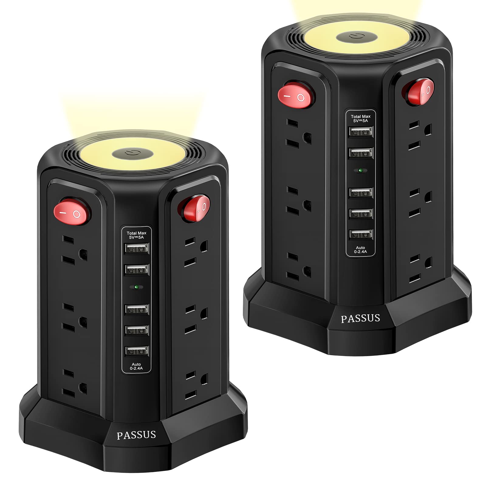 Surge Protector Power Strip Tower with 5 USB Ports and Night Light, 10FT Extension Cord with 12 AC Multiple Outlets, PASSUS Power Tower, Overload Protection for Home Office Dorm Room (2PC-Black)