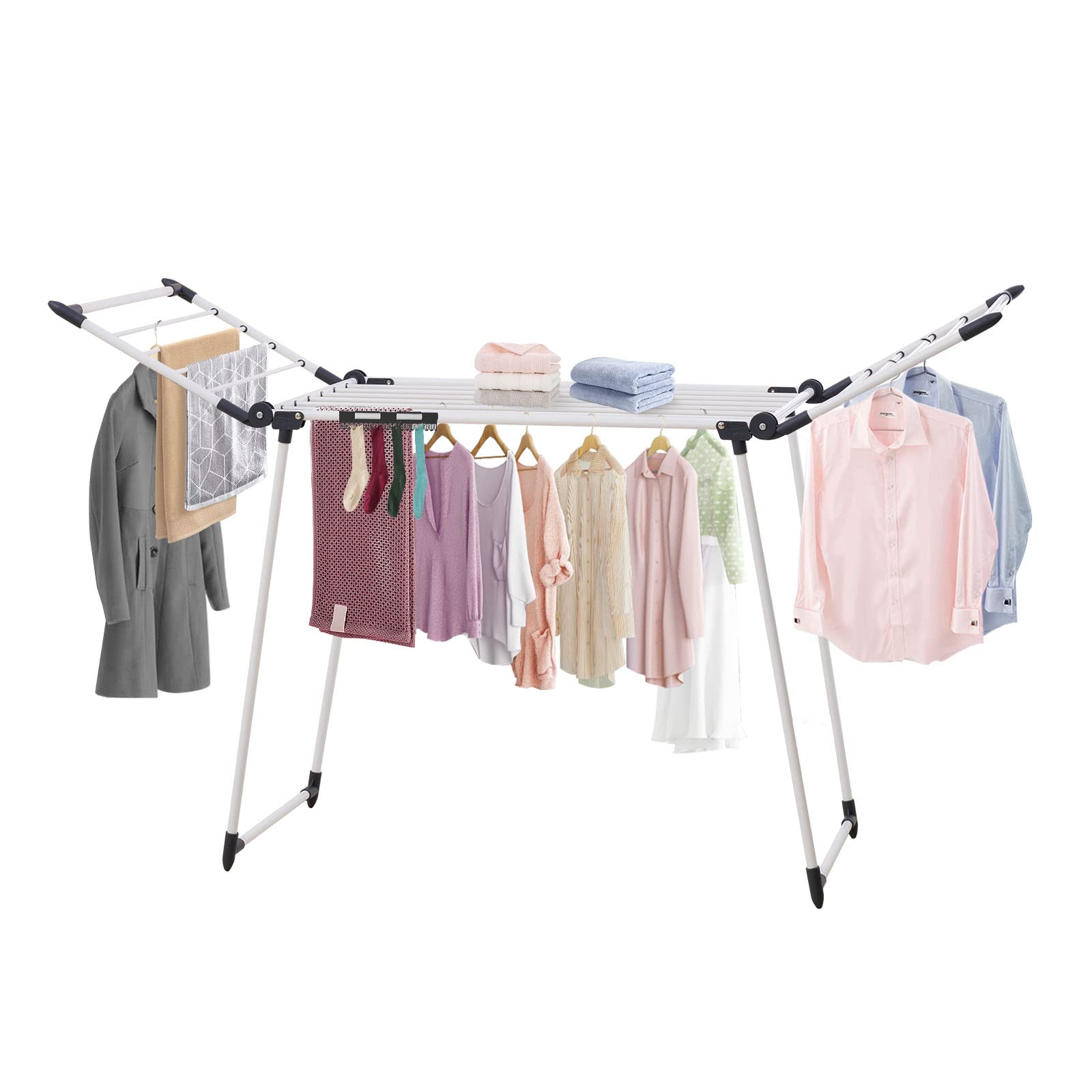 YUBELLES Clothes Drying Rack, Gullwing Laundry Rack, Collapsible, Space-Saving Laundry Rack, with Sock Clips, for Clothes, Towels, Linens, Indoor/Outdoor