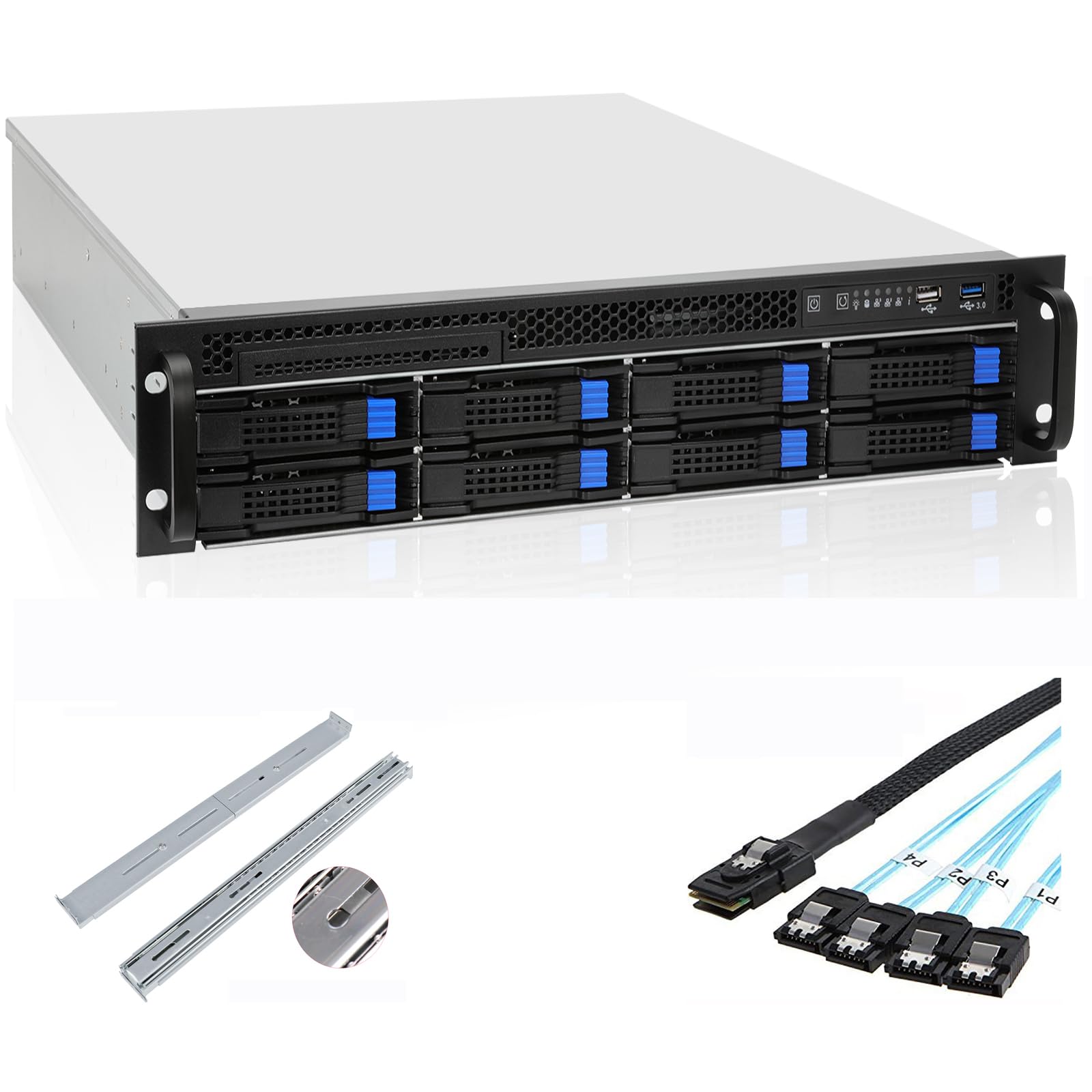 RackChoice 2U Server case 6Gbps hot swap 8 x3.5 Bays M-ATX/Mini-ITX Depth 21.5" Support ATX PSU, Include Sliding Rail and Minisas to SATA Cables