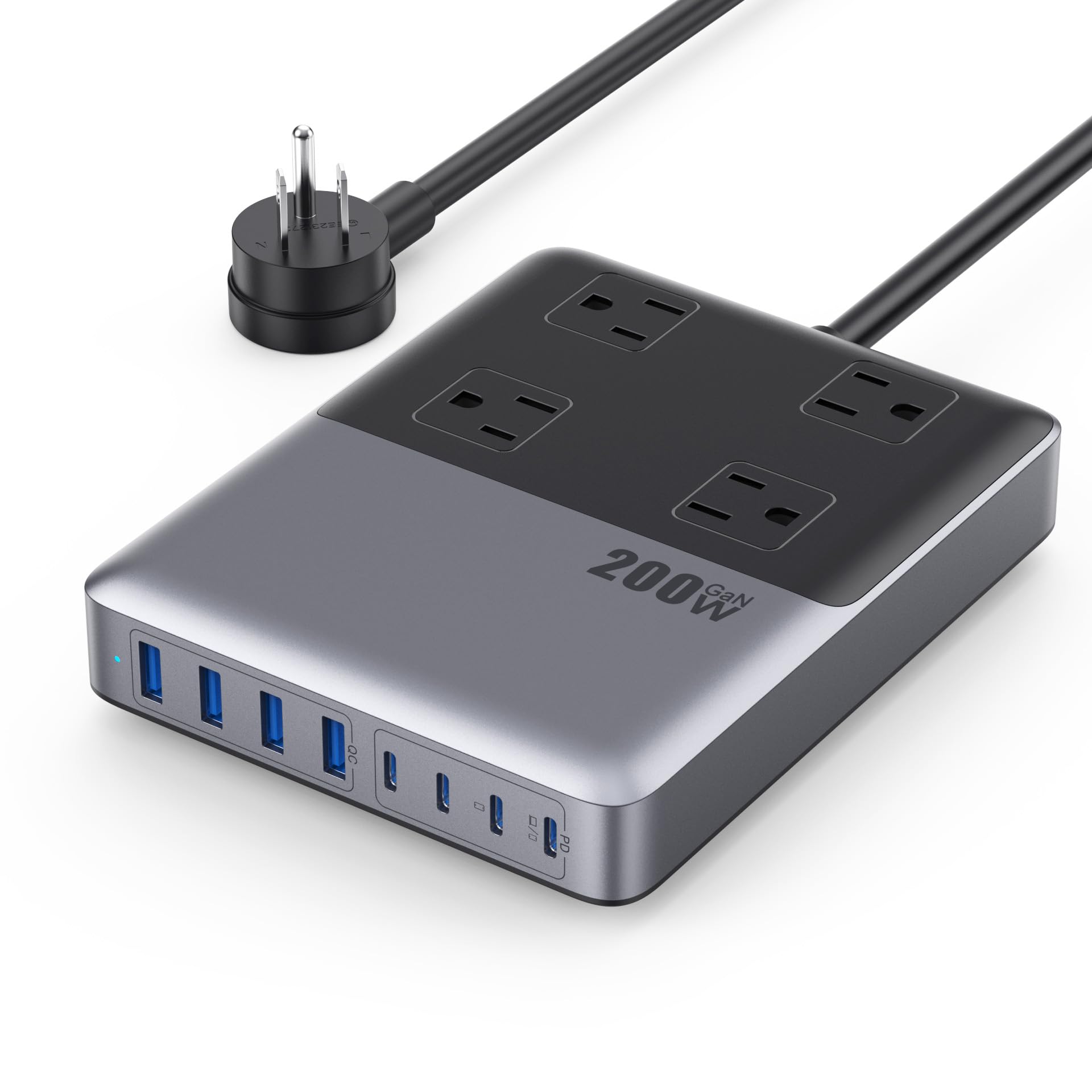 12-in-1 Charging Station USB C Power Strip with 5ft Cord and Plug,200W GaN IV USB C Charger Block,4 AC Outlets,4 USB-A,4 USB-C for MacBook,iPhone 16/15/14,Fast Charging Desktop Charger for Office,Home