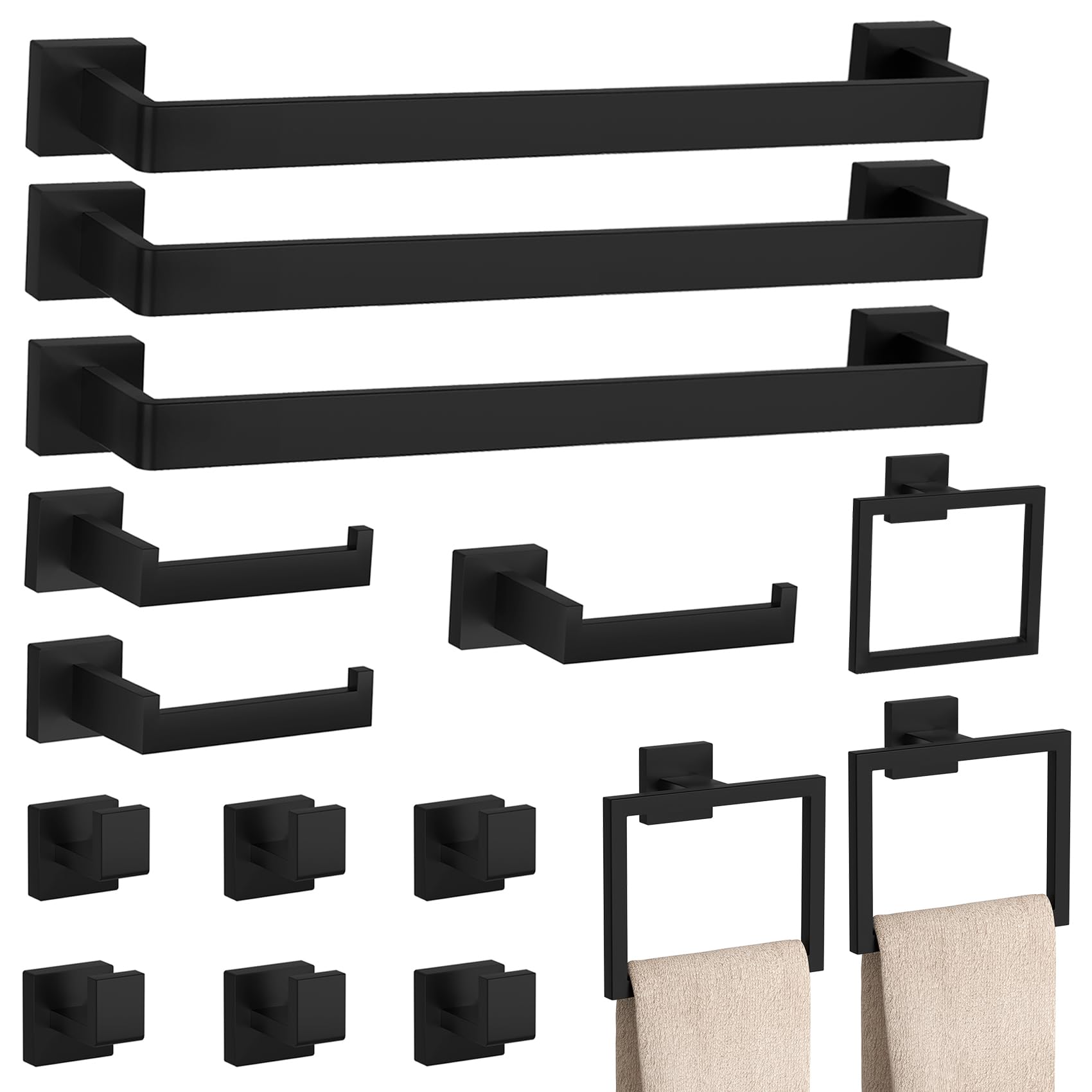 15-Piece Matte Black Bathroom Accessories Set – 23.6" Towel Bar, Towel Ring, Toilet Paper Holder & Hooks, Wall Mounted Bathroom Hardware, Rust & Corrosion-Resistant, Ideal for Modern Bathrooms