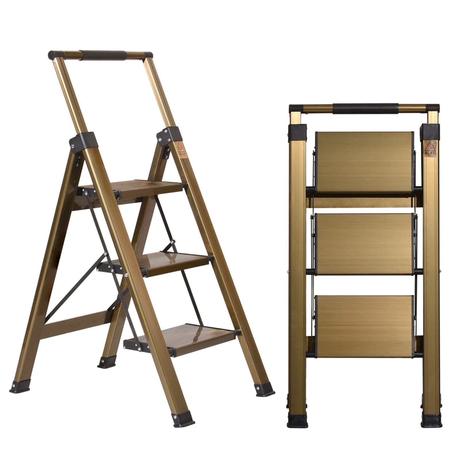 XinSunho 3 Step Ladder, Aluminum 3 Step Stool with Retractable Handrail and Anti-Slip Wide Pedal, Folding Stool Ladders 3 Steps, 330lbs Safety Household Slim Ladder