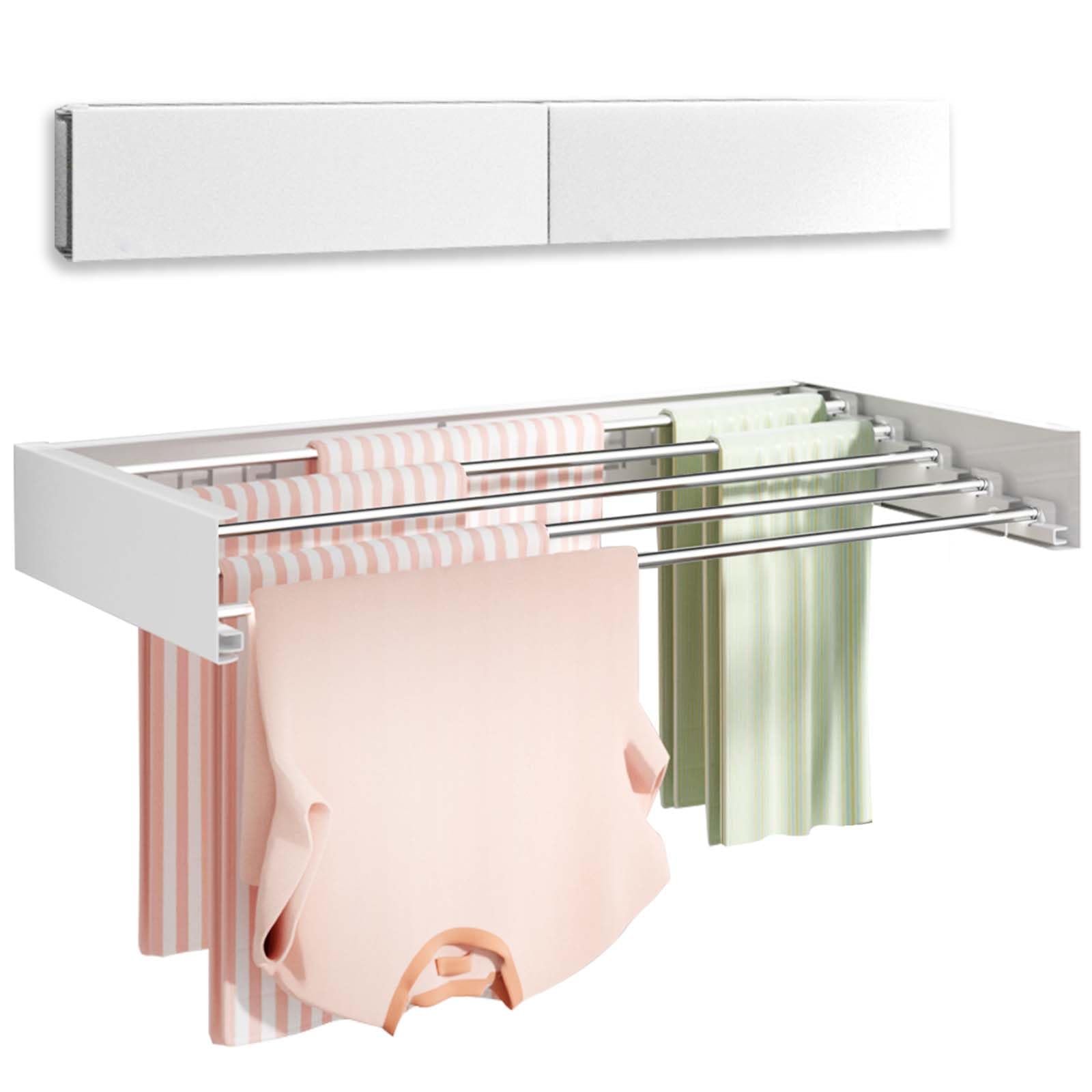 Vikaqi Wall Mounted Clothes Drying Rack, Foldable Wall Mount Laundry Drying Rack Folding Indoor, Drying Rack Clothing Collapsible, Towel Drying with Wall Template, 5 Rods, 31.5", White