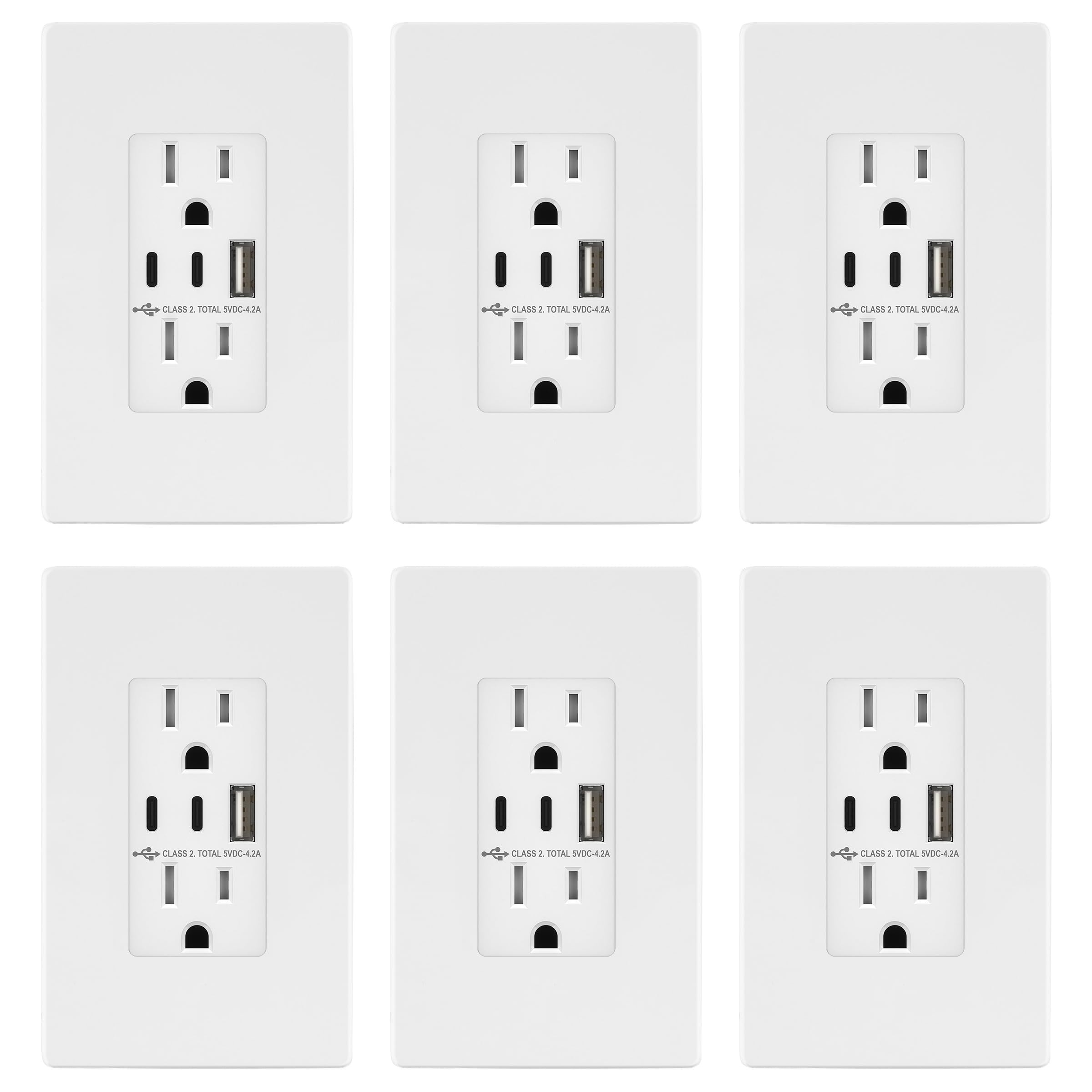 TOPGREENER 4.2A 3-Port Type C USB Outlet, 15 Amp Receptacle Plug, Charging Power Outlet with Dual Type C&A Ports, Screwless Wall Plate Included, UL Listed, TU21542AC2-WSID, White, 6 Pack