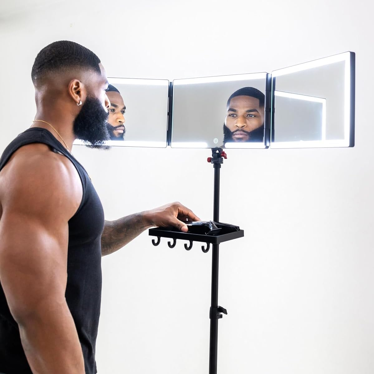 Self-Cut System Angel Lights Tripod 3-Way Mirror – Height Adjustable Trifold Barber Mirror to Cut Your Own Hair – Includes Attachable Clipper & Trimmer Tray