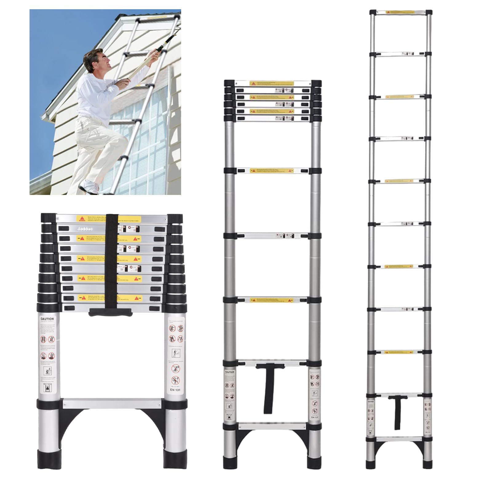 JADDUO Telescoping Ladder 10.5 FT Extension Ladder Aluminum Lightweight Telescopic Ladder with 2 Triangle Stabilizers Telescoping Attic Ladder RV Ladders for Travel Collapsible Ladders for Home