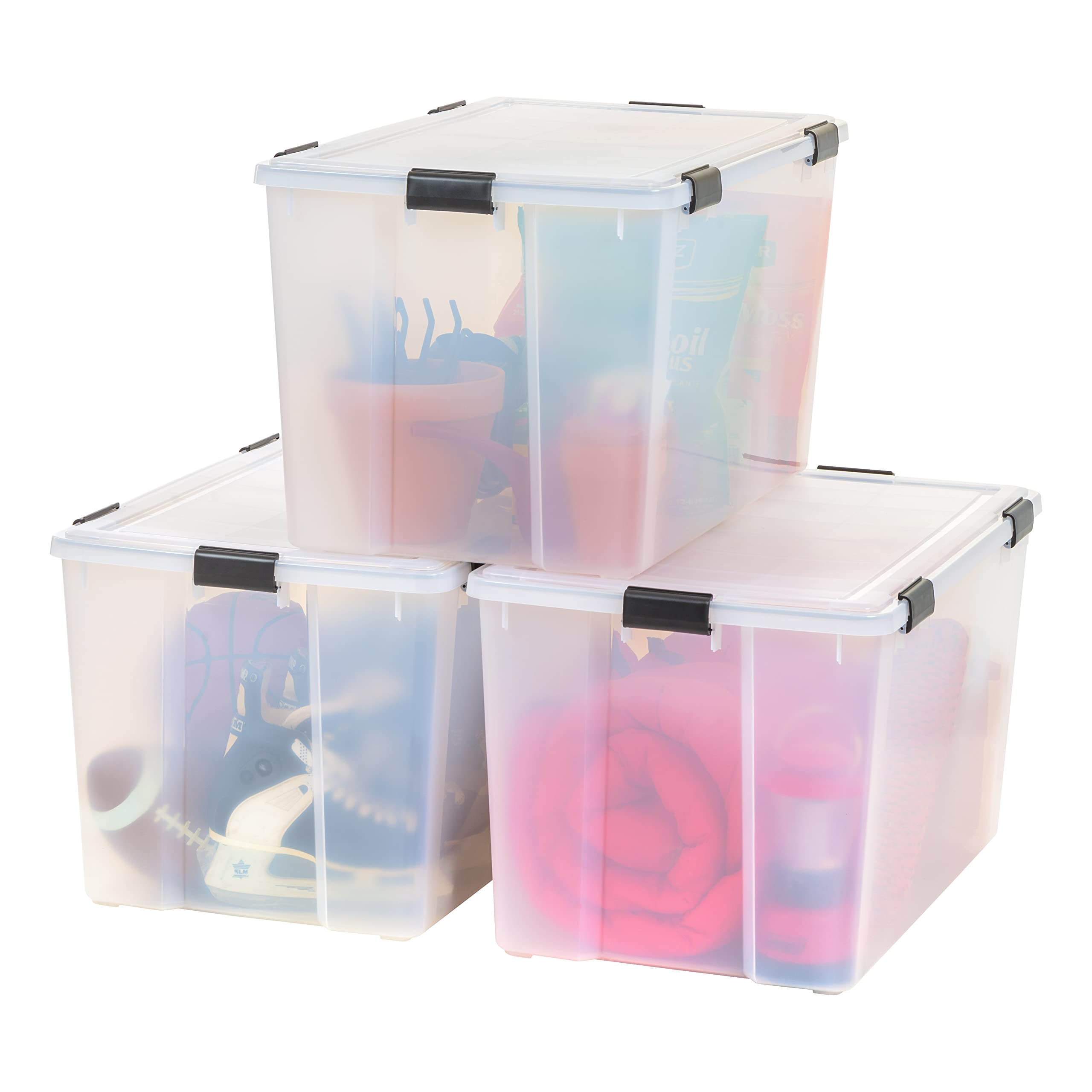 IRIS USA WeatherPro 156 Qt Storage Bins with Lids, 3 Pack, BPA-Free Plastic Gasket Box with Tight Latch and Seal, Stackable Nestable Tote Tub - Clear/Black