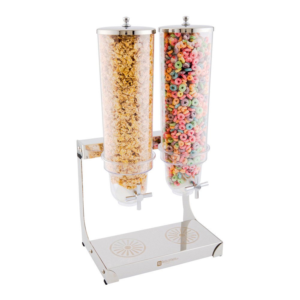 Restaurantware Met Lux 3 Liter Countertop Cereal Dispenser 1 Double Compartment Food Dispenser - Self Serve Refillable Stainless Steel Nuts Dispenser For Food Storage For Kitchen Or Pantry