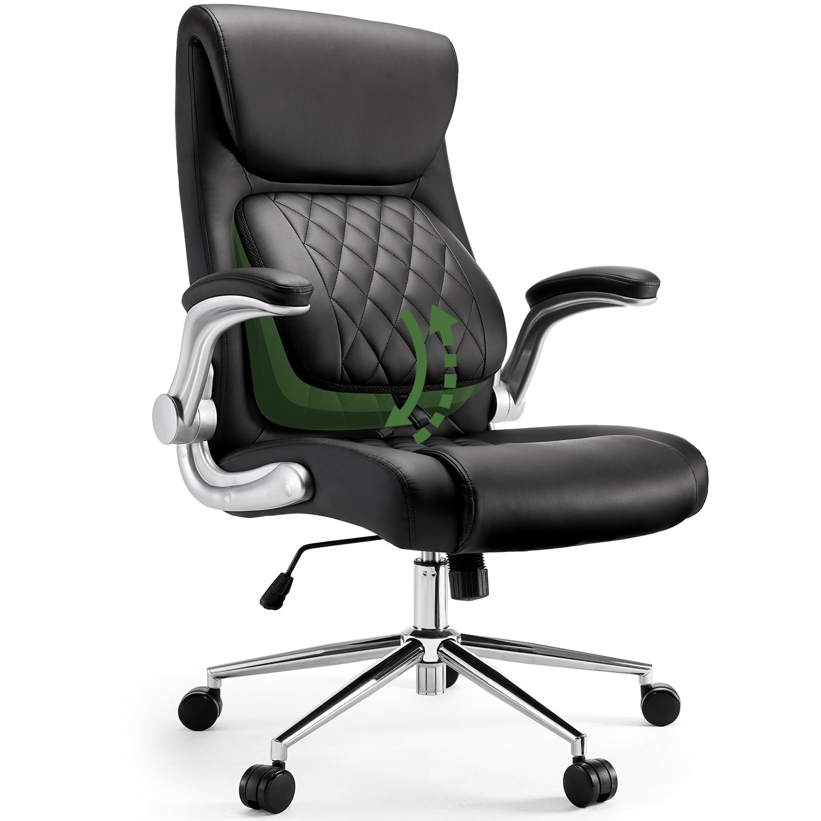Marsail Ergonomic PU-Leather Office Chair: 5 Settings Lumbar Support, Executive Office Chair Height Adjustable with Padded Flip-up Arms, Executive Desk Chair for Working Study-Black