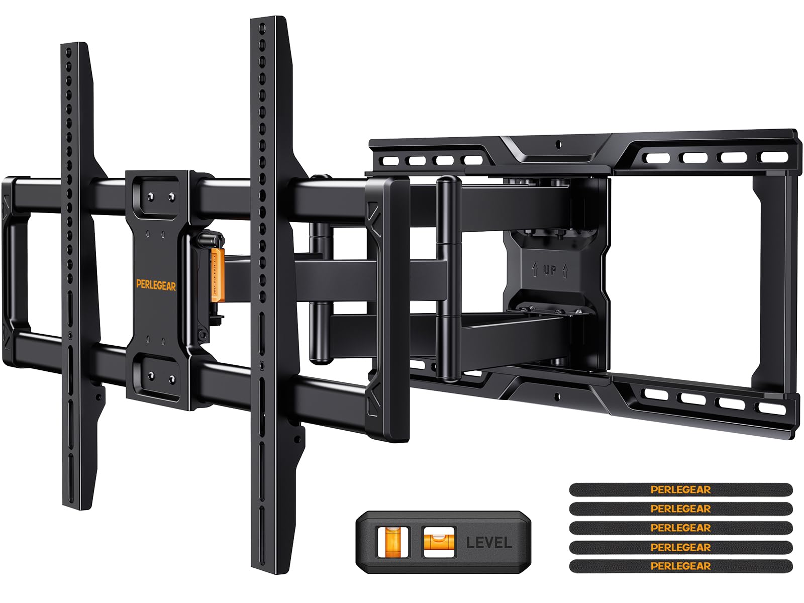 Perlegear UL-Listed Full Motion TV Wall Mount for 42–90 Inch TVs up to 150 lbs, Pre-Assembled TV Mount with Tool-Free Tilt, Swivel, Extension, Max VESA 600 x 400mm, 12″/16″/18″/24″ Wood Studs, PGLF16