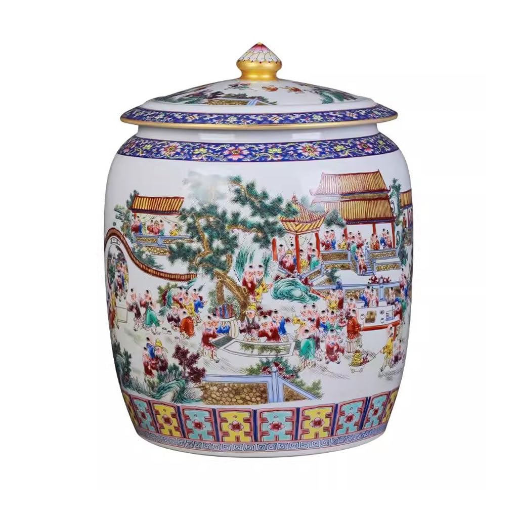 LINKIO Ceramic Food Jar Ceramic Enamel Tea Can Large Tea Cake Sealed Pu'er Tea Can Household Tea Box with Lid Pantry Storage Containers