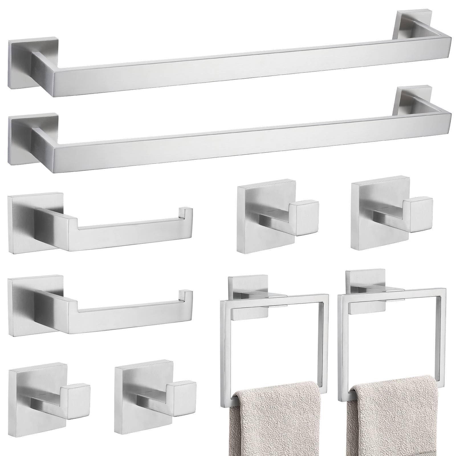 10-Piece Bathroom Hardware Accessories Set - Brushed Nickel Towel Bar, Holder & Racks - SUS304 Stainless Steel - Wall Mounted, 23.6-Inch