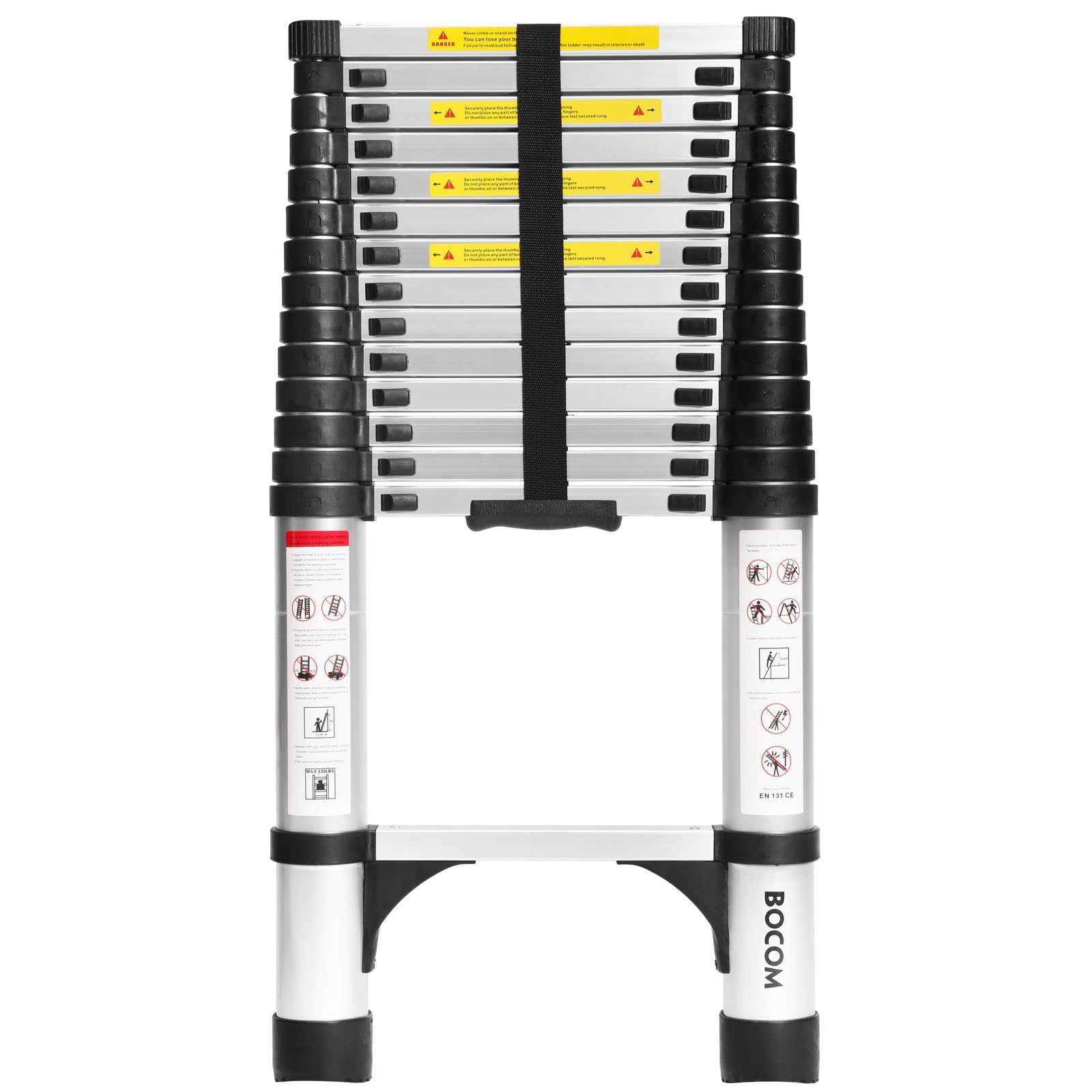 BOCOM 14.5 FT Aluminum Telescoping Ladder, Lightweight Multi-Purpose Collapsible Extension with 2 Triangle Stabilizers, Heavy Duty 330 lbs Max Capacity, Ideal for Home, RV, and Outdoor Work Silver