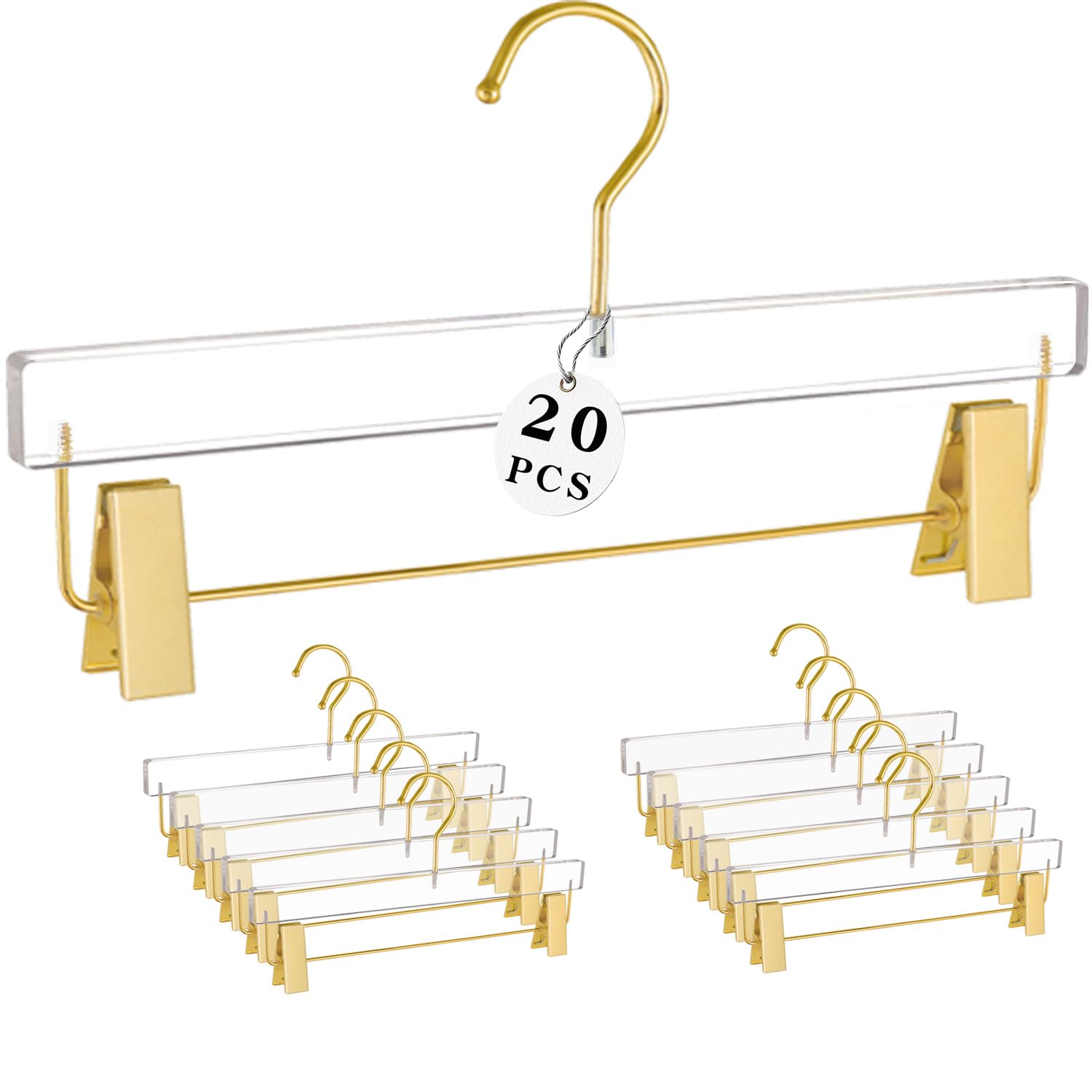 Besser Gold Acrylic Hangers,20 Pack Clear Hangers with Gold Hooks,Luxurious Skirt Pants Hangers Gold Clips for Clothing Closet Storage